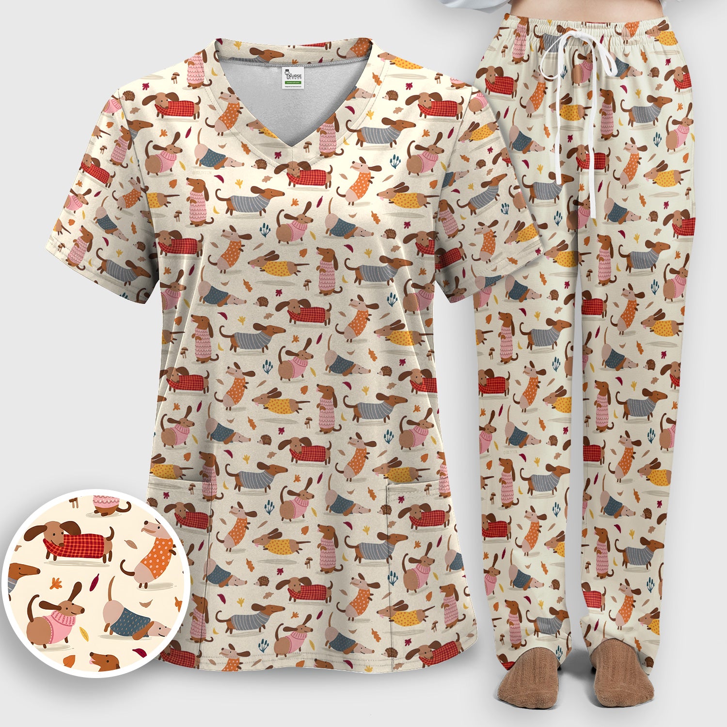 Cute Autumn Dachshund Print Scrub Set, Scrub Pants and V Neck Top