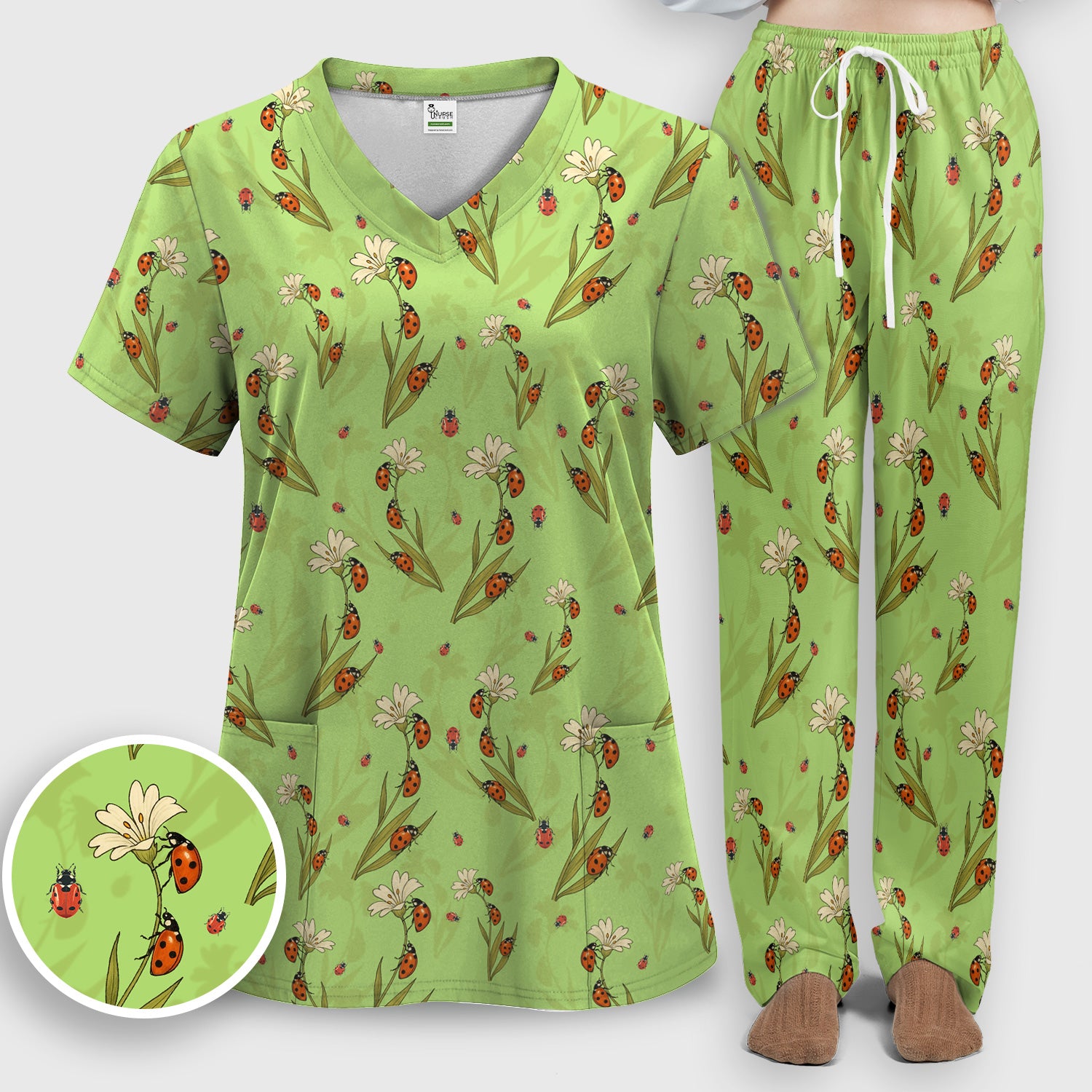 Fresh Daisy Ladybug Garden Pattern Scrub Set, Nurse Uniform Scrubs Set