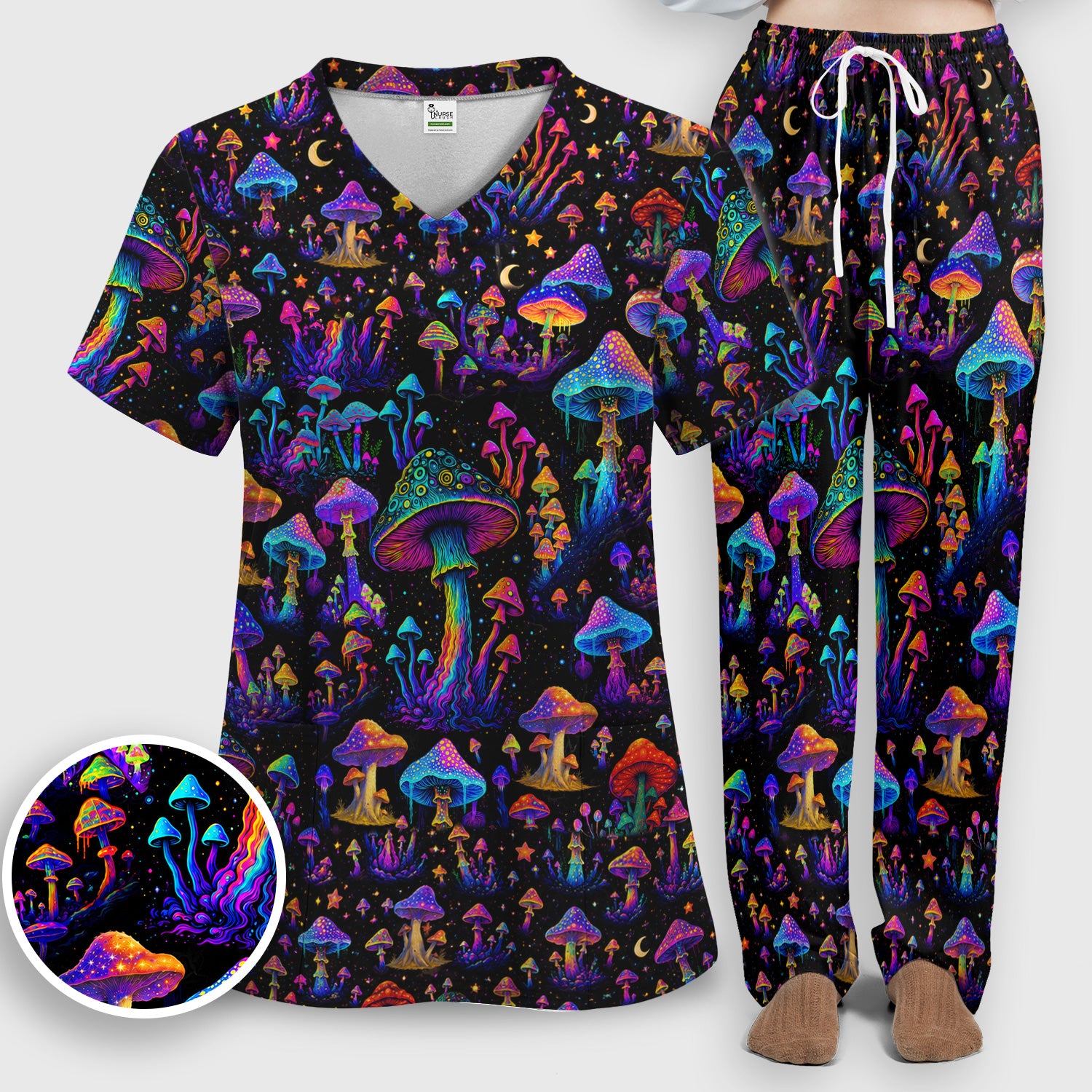 Neon Fantasy Mushroom Print Scrub Set, Scrub Pants and V Neck Top