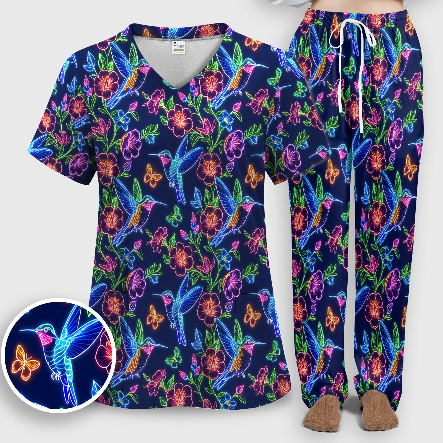 Neon Hummingbird Floral Garden Pattern Scrub Set, Scrub Pants and V Neck Top