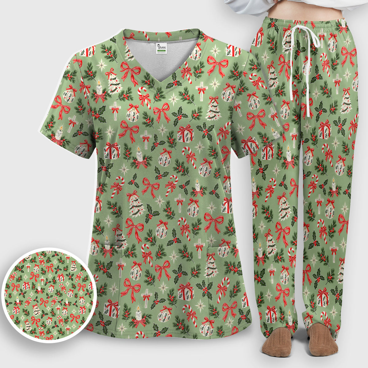 Christian Christmas Bows And Holly Scrub Set, Scrub Pants and V Neck Top