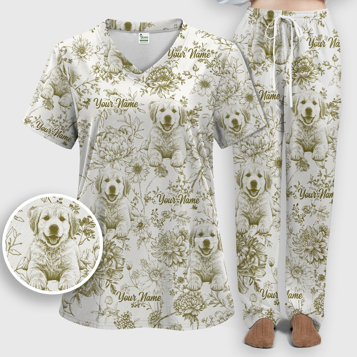 Personalized Custom Pet Photo Name Floral Pattern Scrub Set, Scrub Pants and V Neck Top