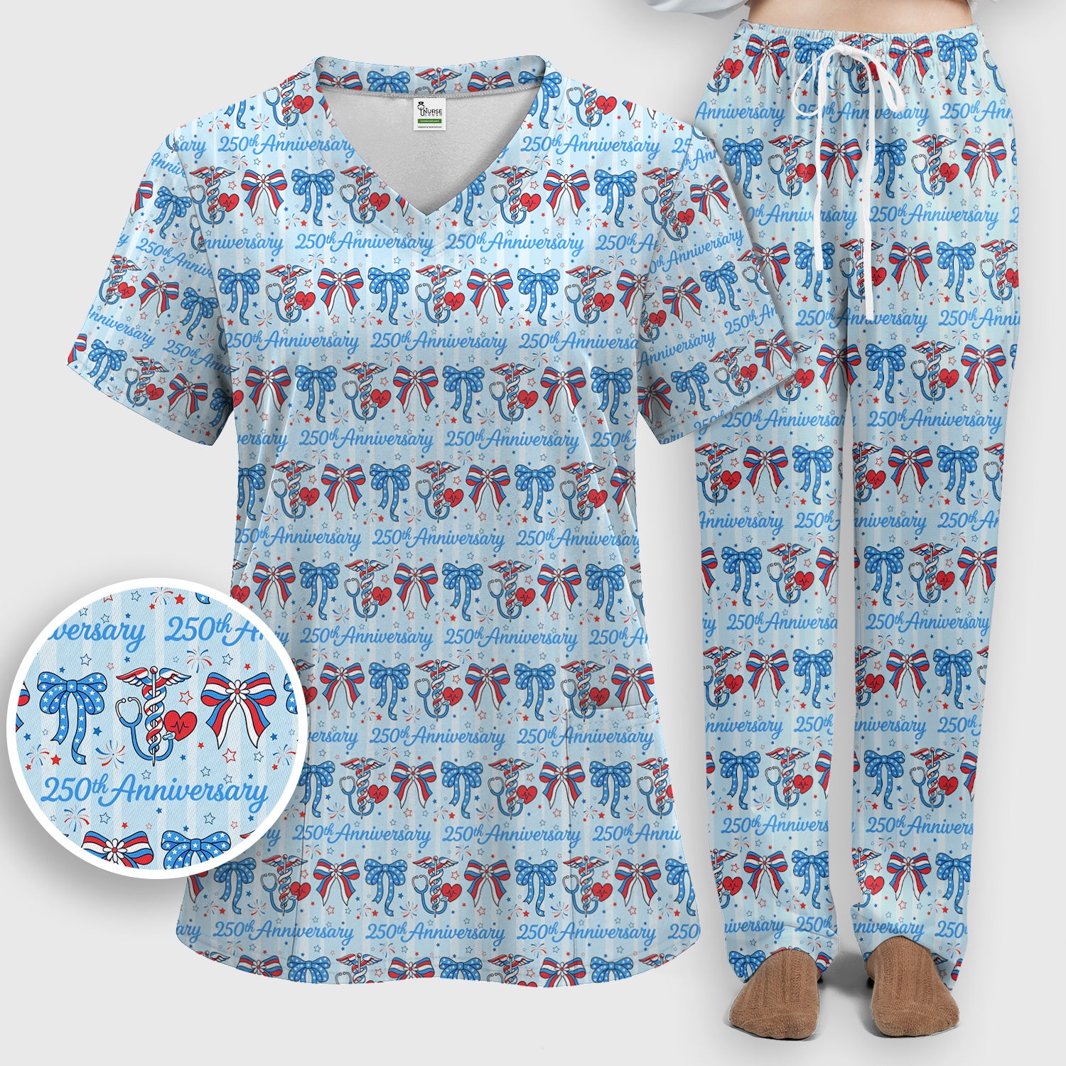 Festive 250th Anniversary Nurse Ribbon Heart Pattern Scrub Set, Scrub Pants and V Neck Top