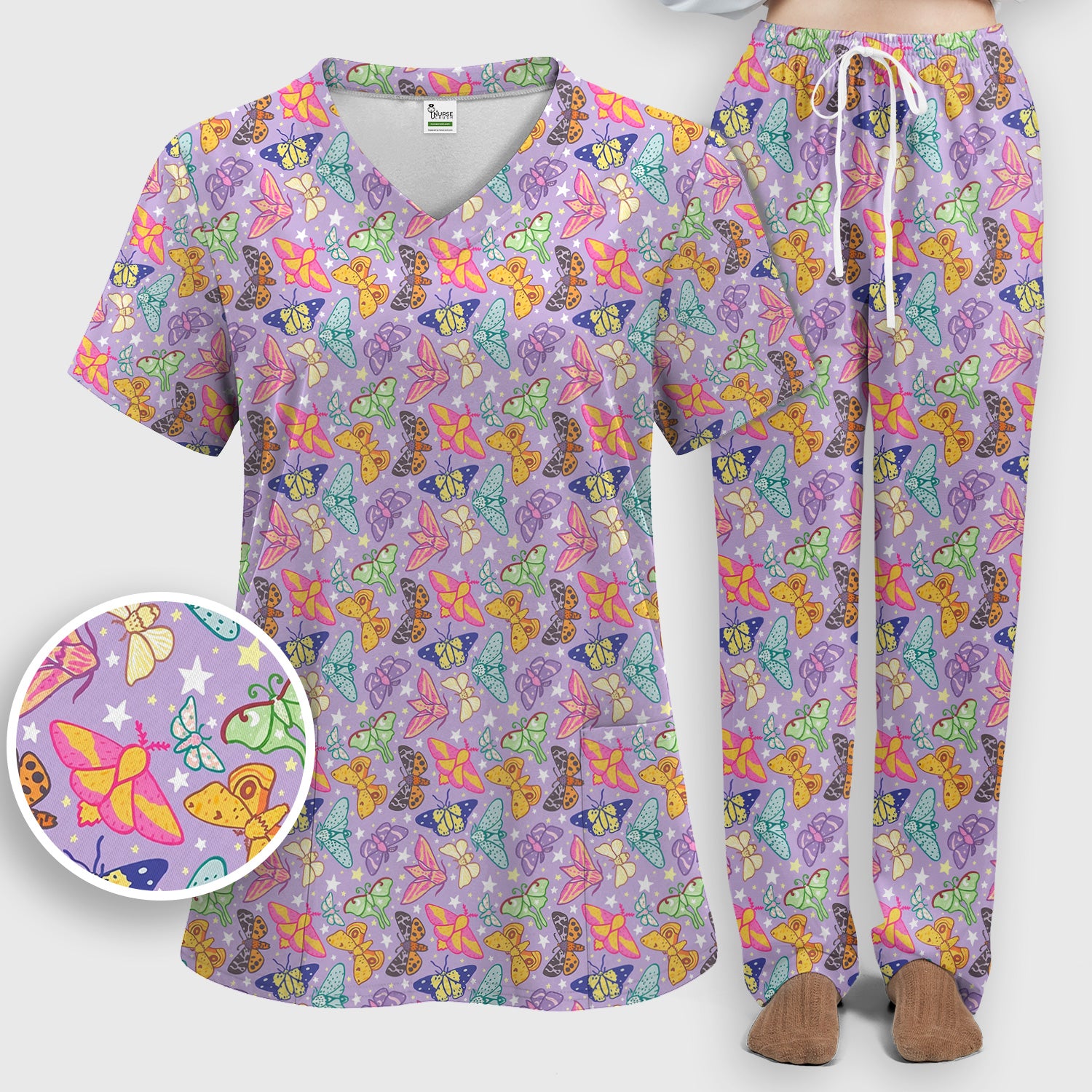 Colorful Butterfly Moth Garden Pattern Scrub Set, Scrub Pants and V Neck Top