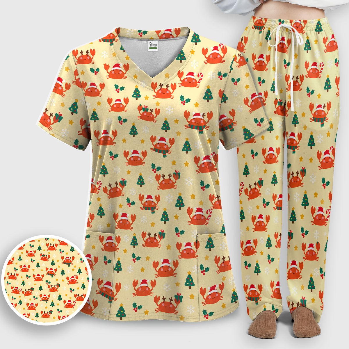 Christmas Crabs And Trees Pattern Scrub Set, Scrub Pants and V Neck Top