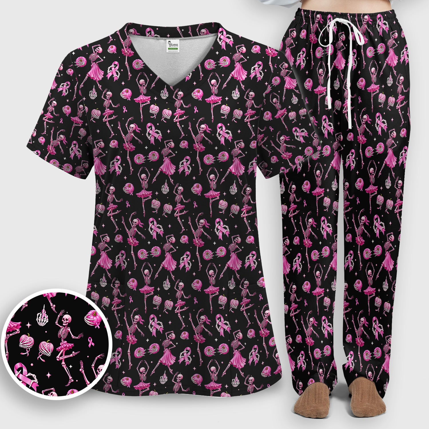 Pink Ribbon Skeleton Ballerina Print Scrub Set, Scrub Pants and V Neck Top