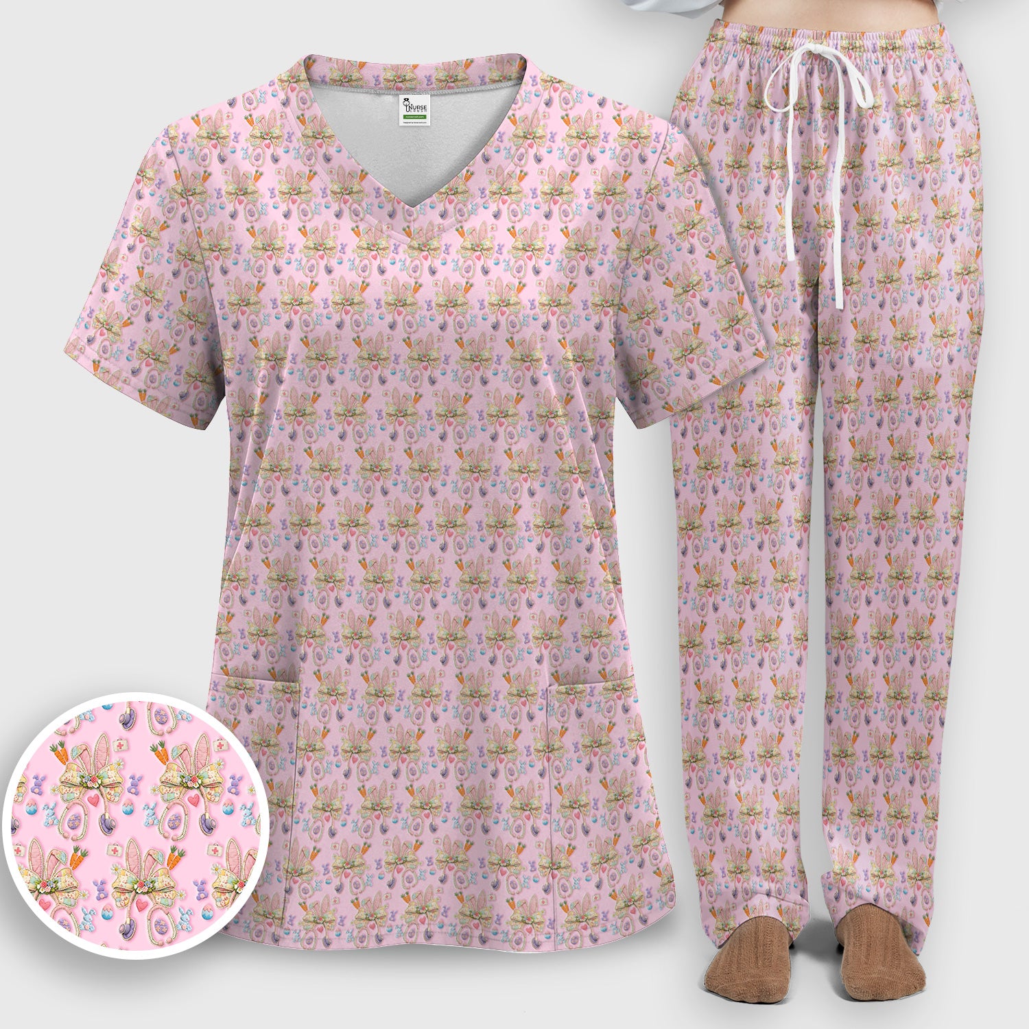 Easter Bunny Stethoscope Pastel Print Scrub Set, Scrub Pants and V Neck Top