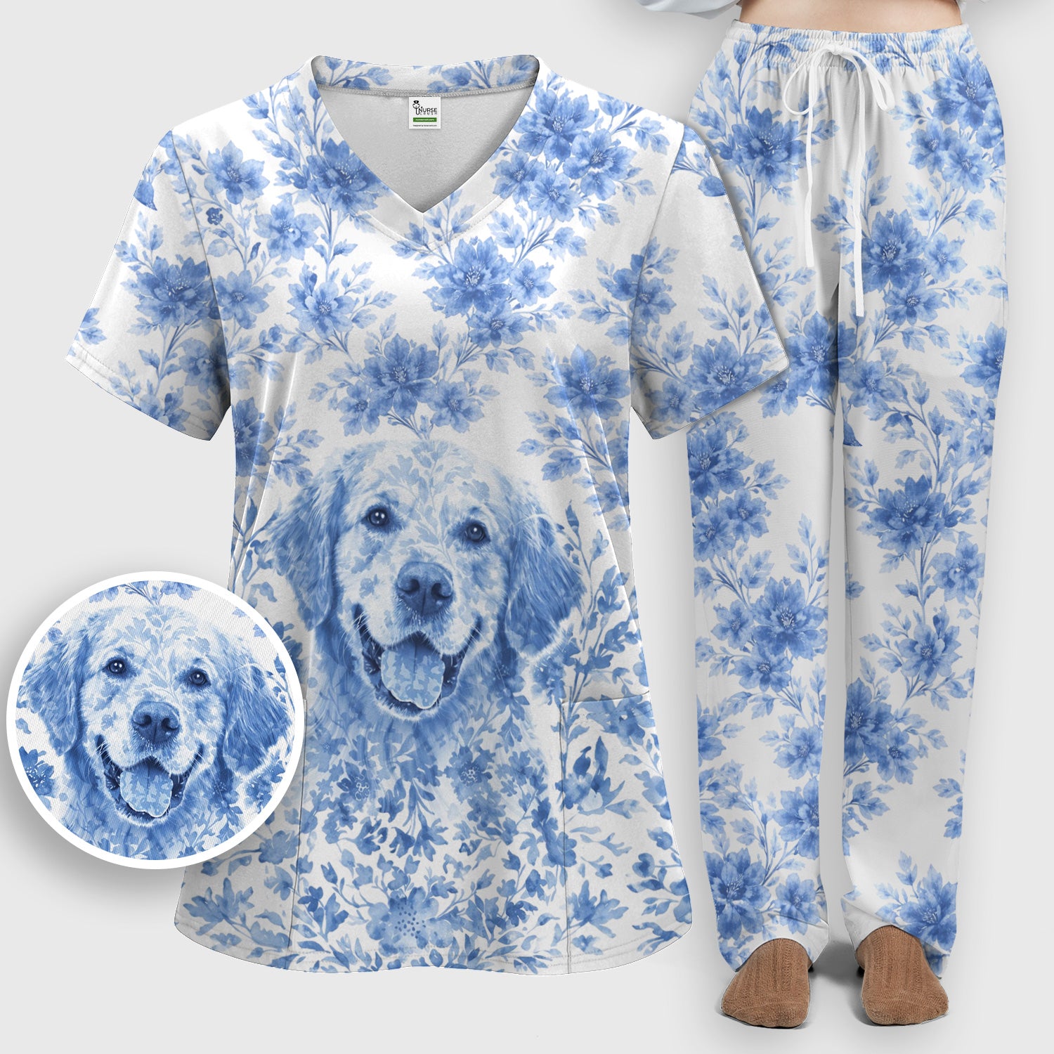 Personalized Pet Photo Floral Scrub Set, Scrub Pants and V Neck Top