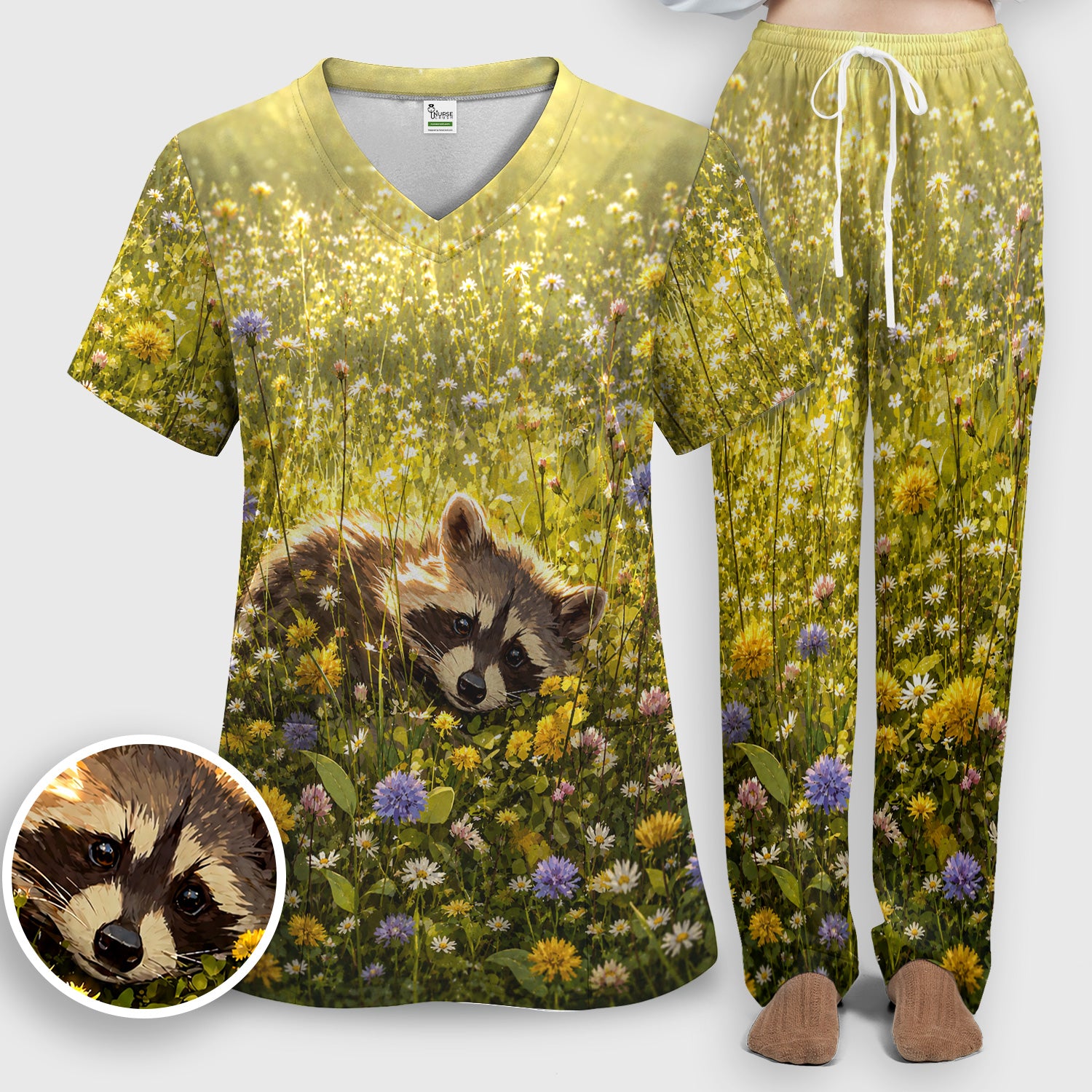 Meadow Raccoon Wildflower Garden Pattern Scrub Set, Scrub Pants and V Neck Top