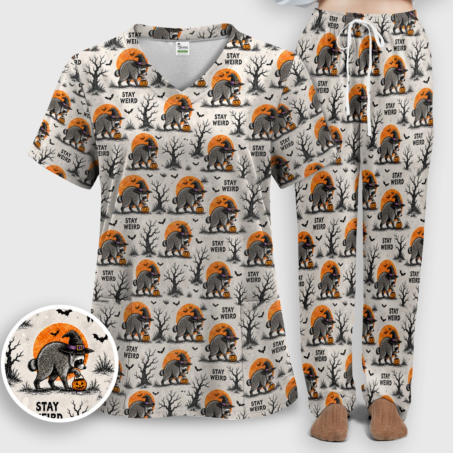 Funny Stay Weird Halloween Raccoon Scrub Set, Scrub Pants and V Neck Top