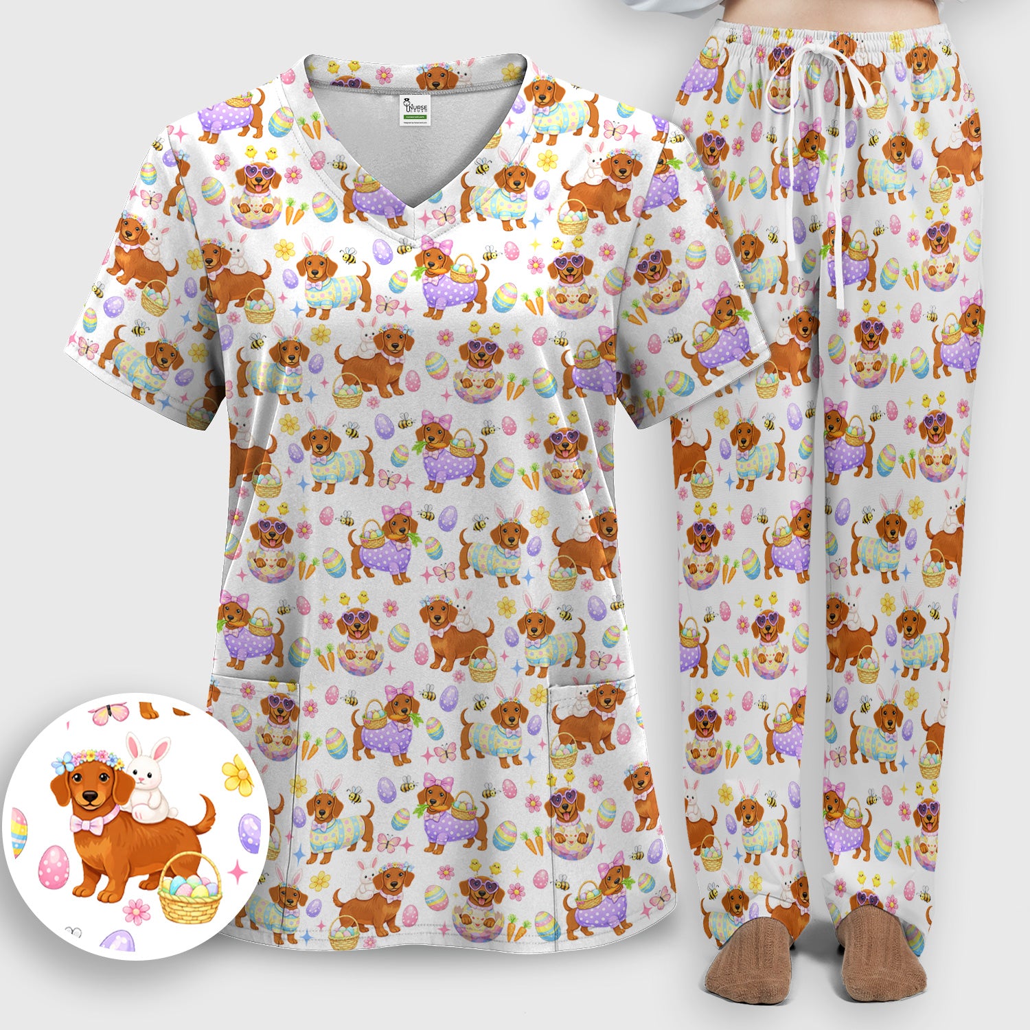 Cute Easter Dachshund Dog Pattern Scrub Set, Scrub Pants and V Neck Top