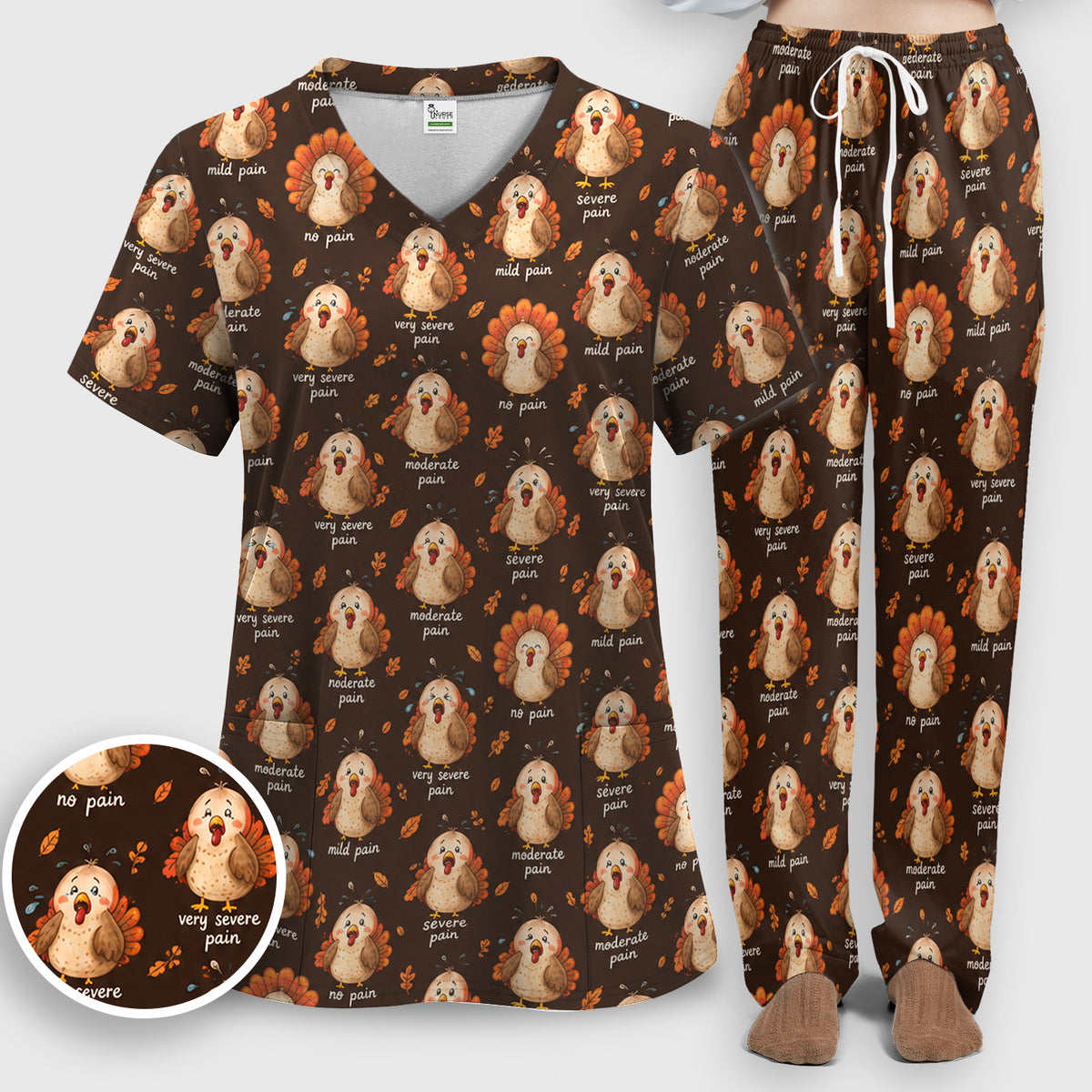 Funny Thanksgiving Turkey Pain Scale Pattern Scrub Set, Scrub Pants and V Neck Top