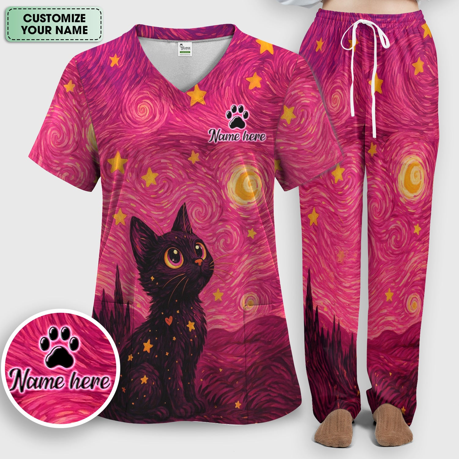 Personalized Black Cat Galaxy Star Swirl Pattern Scrub Set, Scrub Pants and V Neck Top