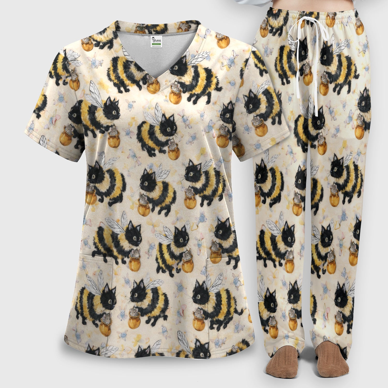 Adorable Nurse Bumblebee Cat Honey Jar Winged Pattern Scrub Set, Scrub Pants and V Neck Top
