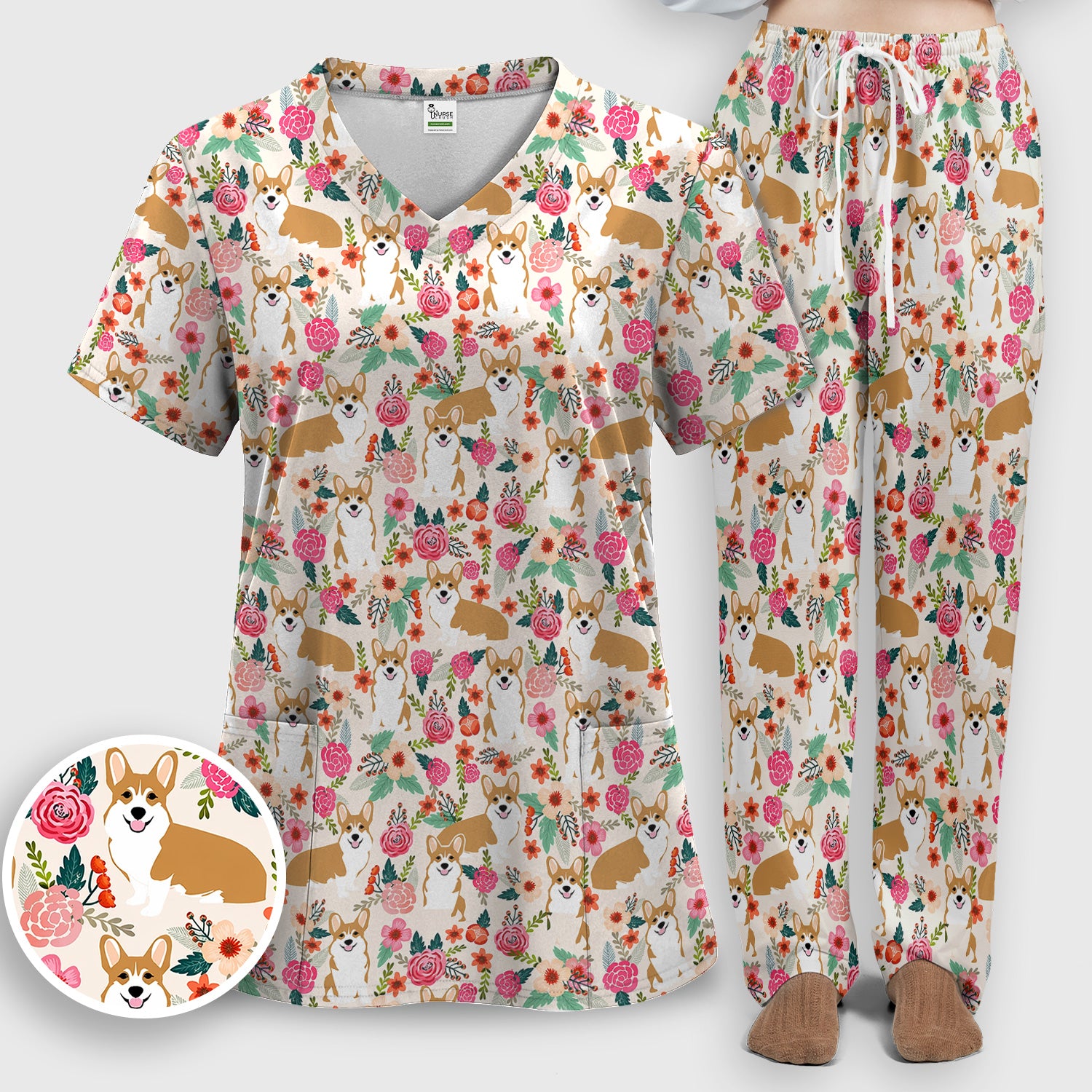Cute Corgi Dog Floral Garden Pattern Nurse Scrub Set, Scrub Pants and V Neck Top