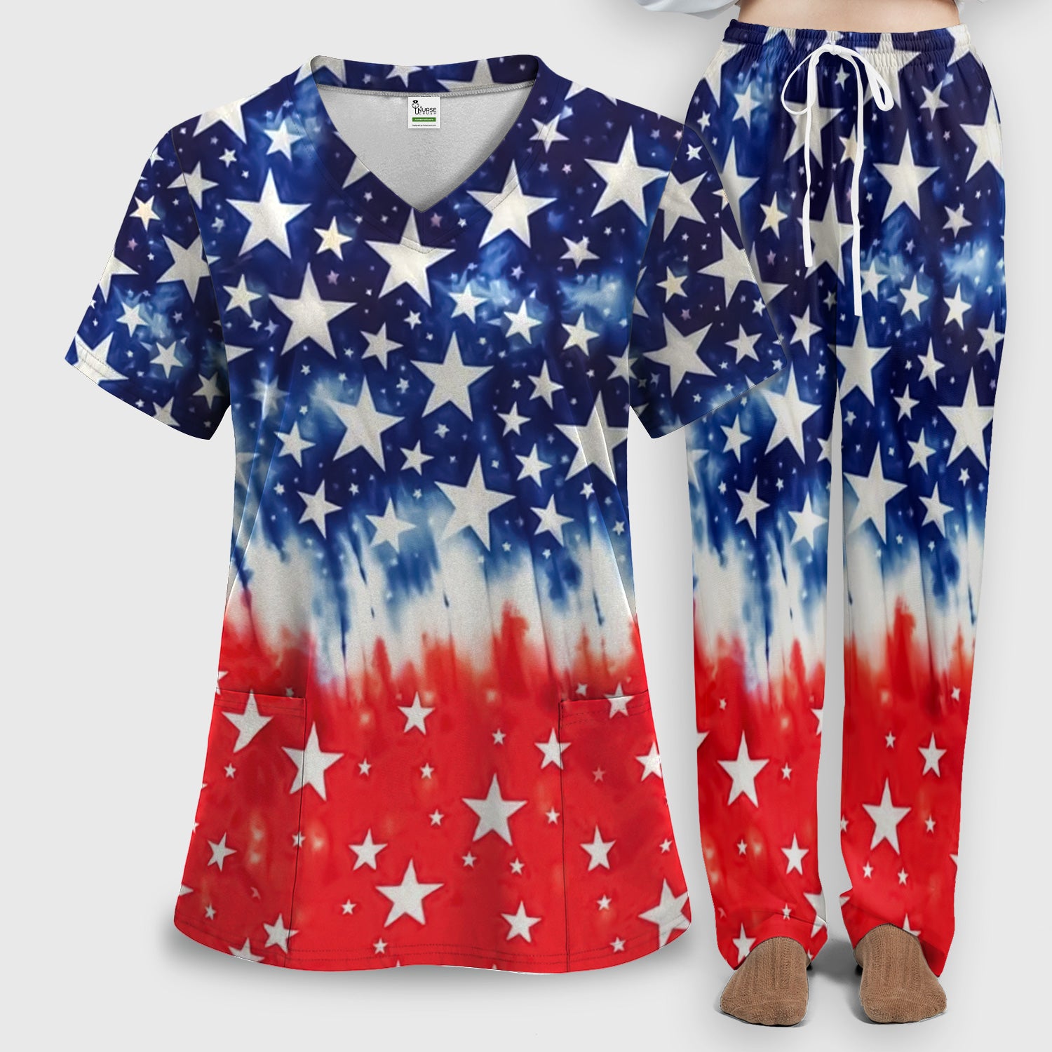 Patriotic Stars Tie Dye Pattern Scrub Set, Scrub Pants and V Neck Top