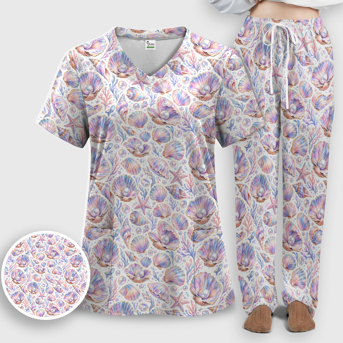 Pastel Seashell And Pearl Pattern Scrub Set, Scrub Pants and V Neck Top