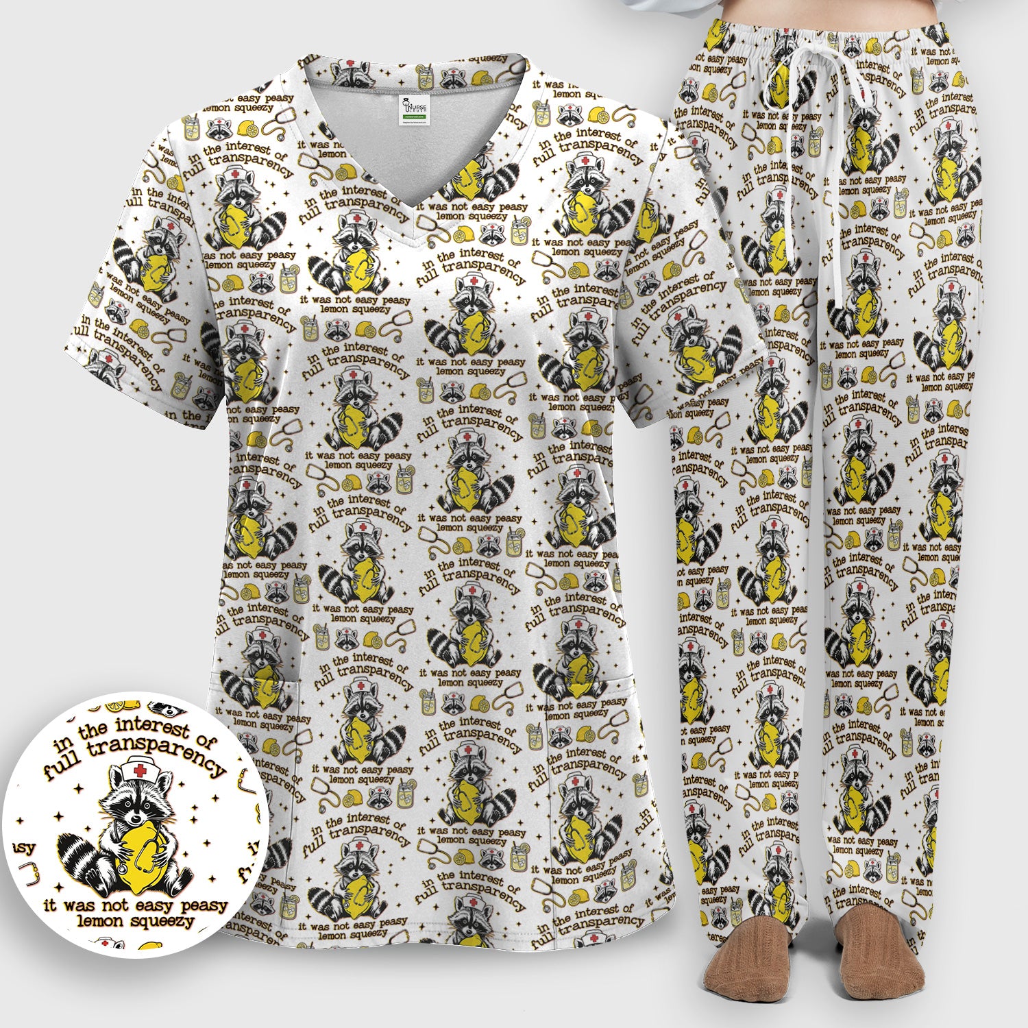 Raccoon Lemon Quote Medical Humor Pattern Scrub Set, Breathable Med Uniform