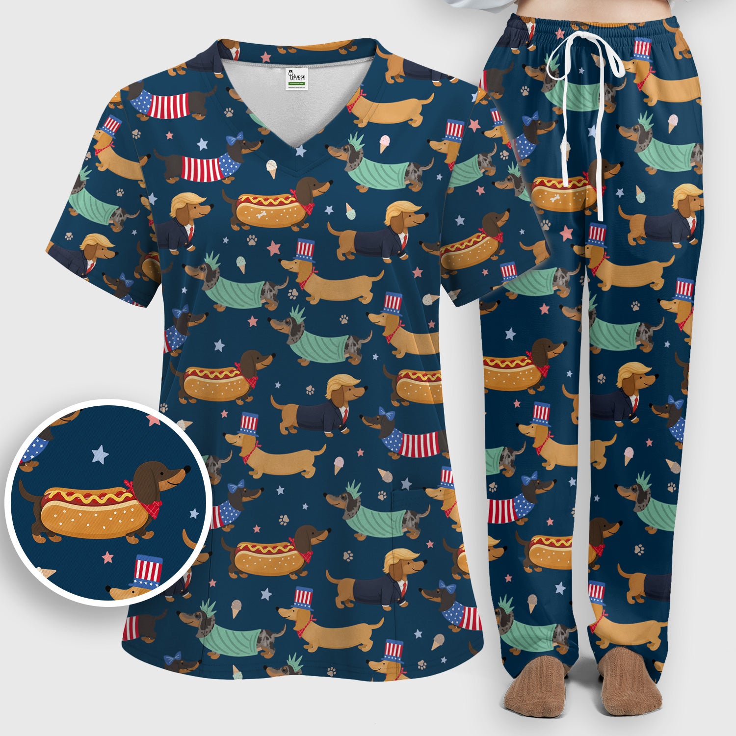 Funny Patriotic Dachshund Costume Dogs Scrub Set, Women's Scrub Sets