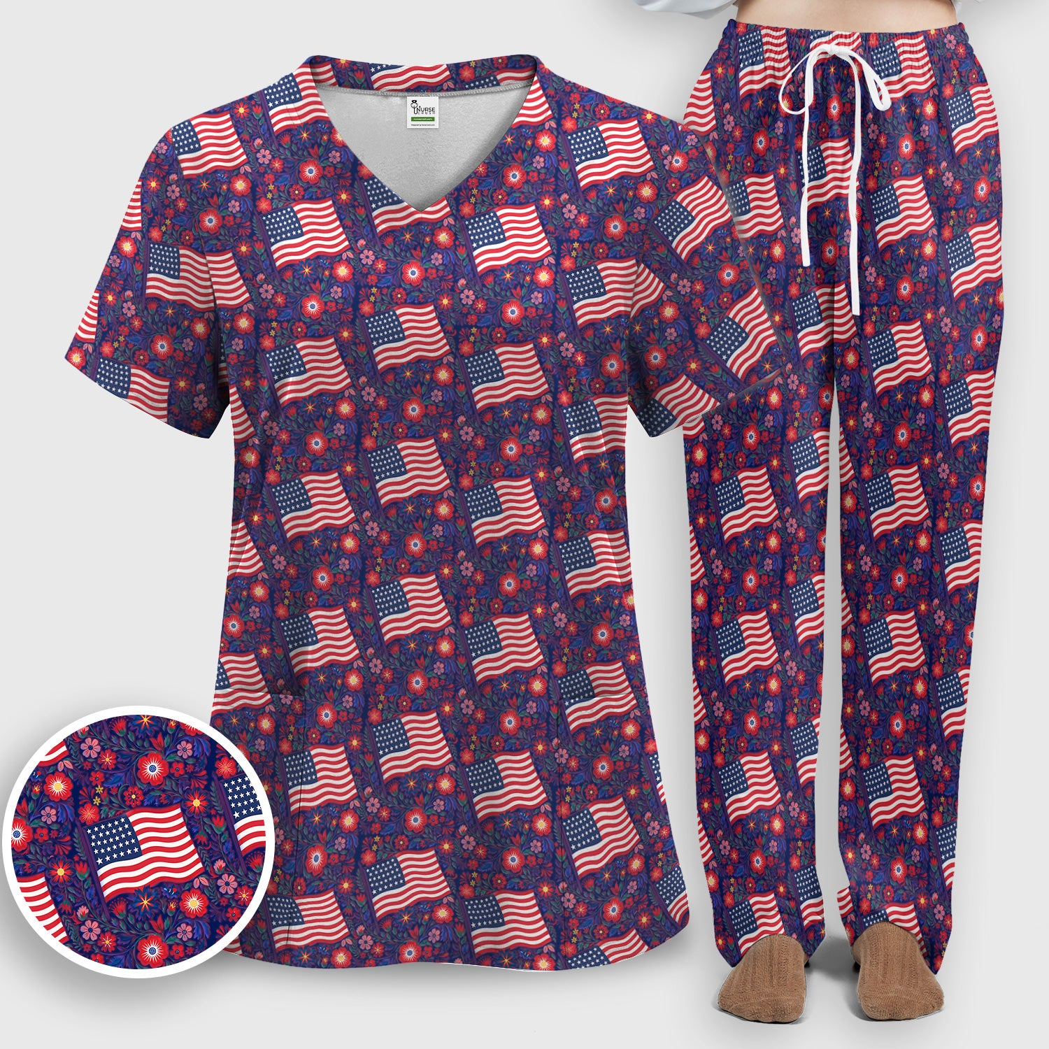 Patriotic USA Flag With Floral Fireworks Pattern Scrub Set, Scrub Pants and V Neck Top