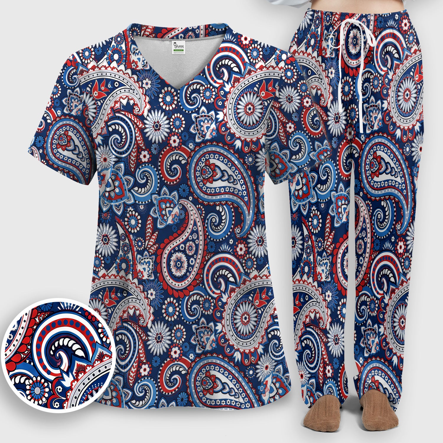 Patriotic Red White Blue Paisley Pattern Scrub Set, Scrub Pants and V Neck Top