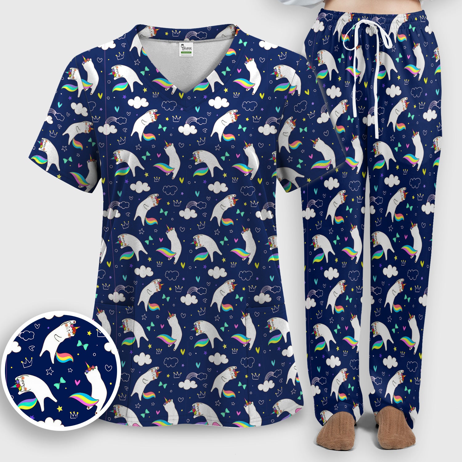 Unicorn Cat With Rainbow Tail Clouds Scrub Set, Scrub Pants and V Neck Top