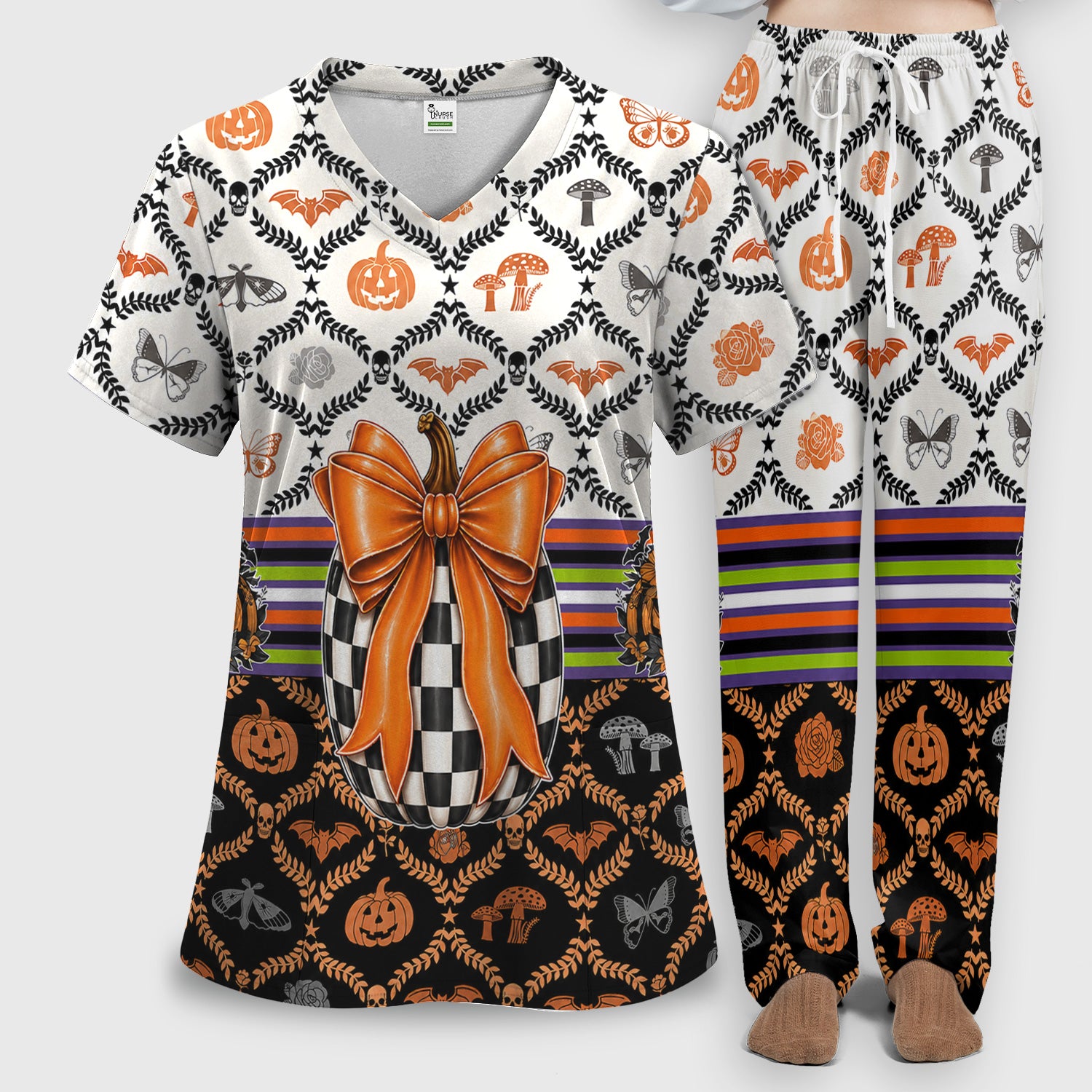 Halloween Checkered Pumpkin With Bow Pattern Scrub Set, Scrub Pants and V Neck Top