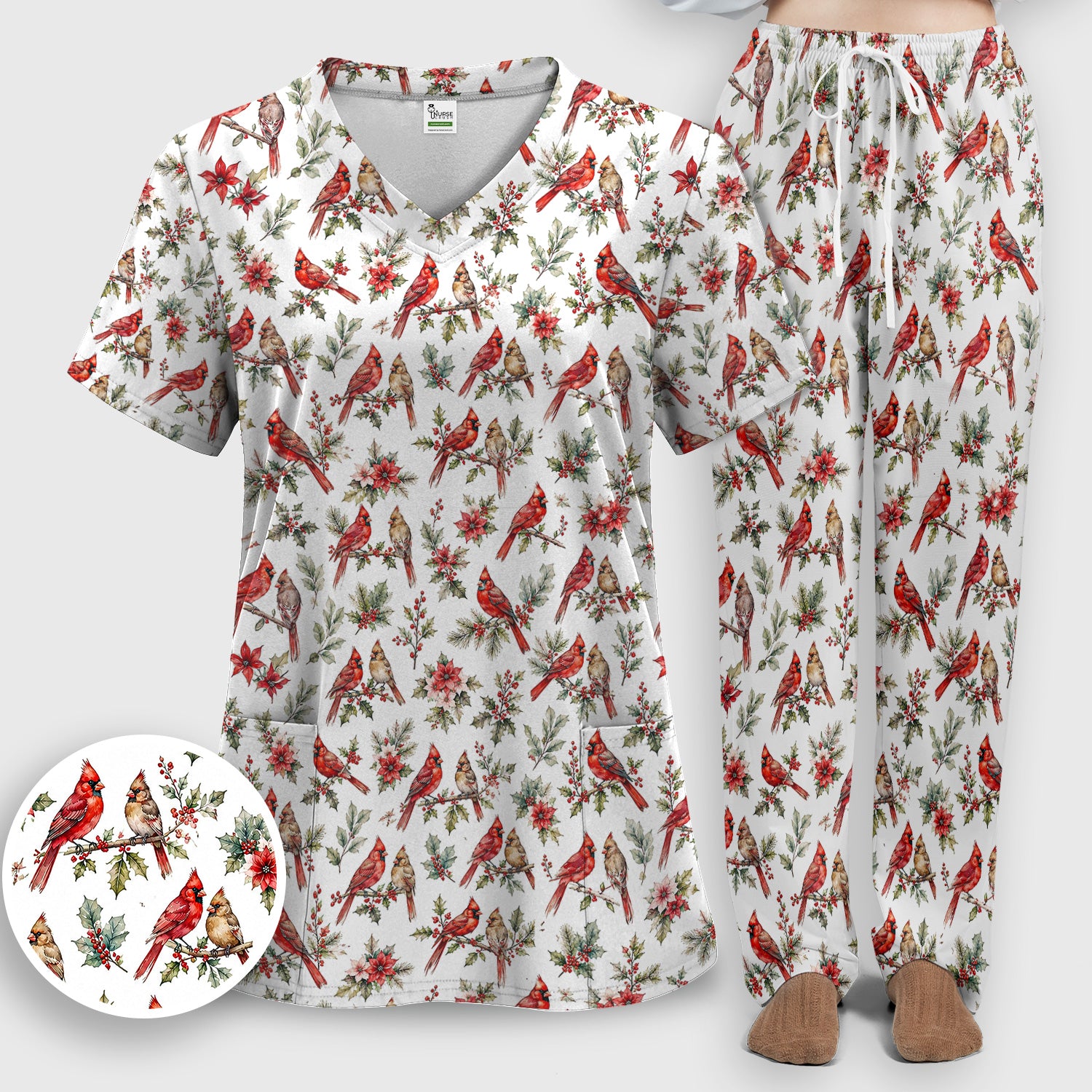 Festive Cardinal and Holly Scrub Set, Scrub Pants and V Neck Top