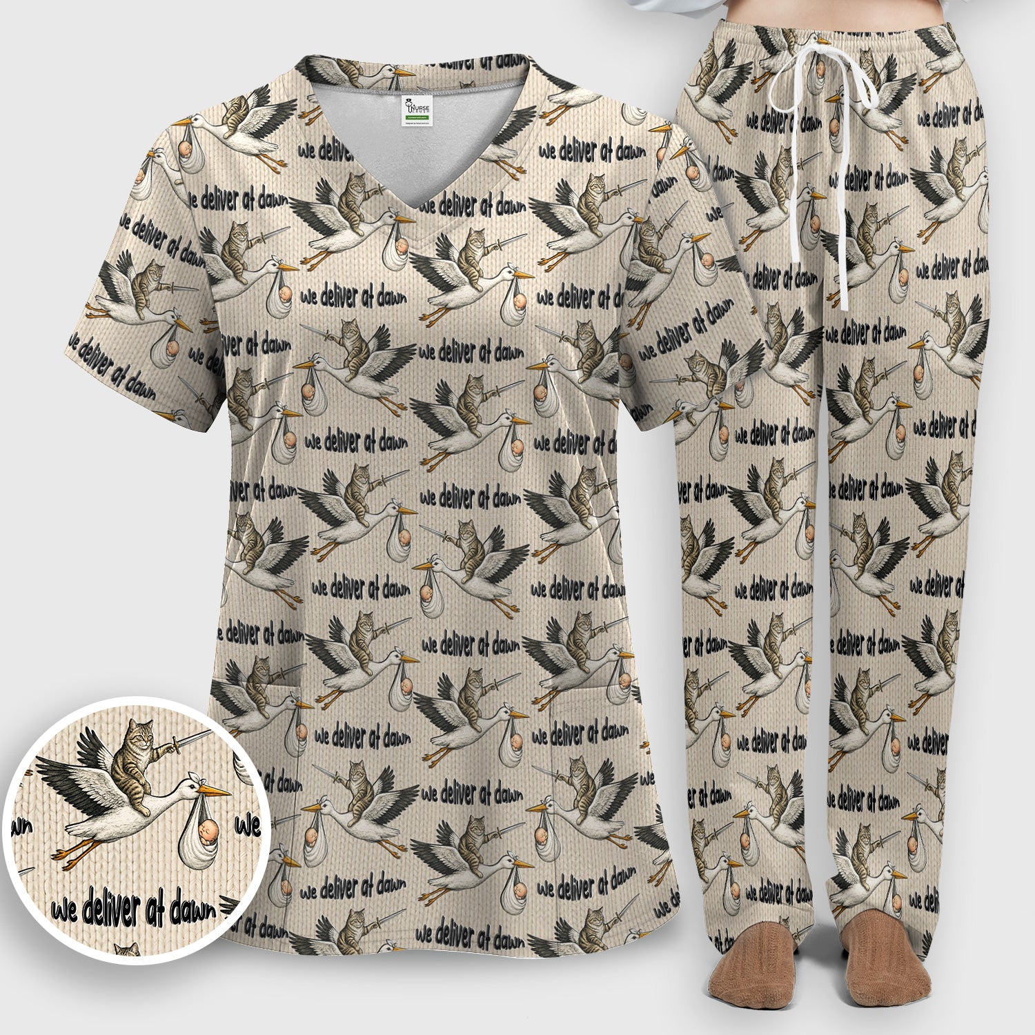 Funny Stork Cat Delivery Pattern Scrub Set, Scrub Pants and V Neck Top