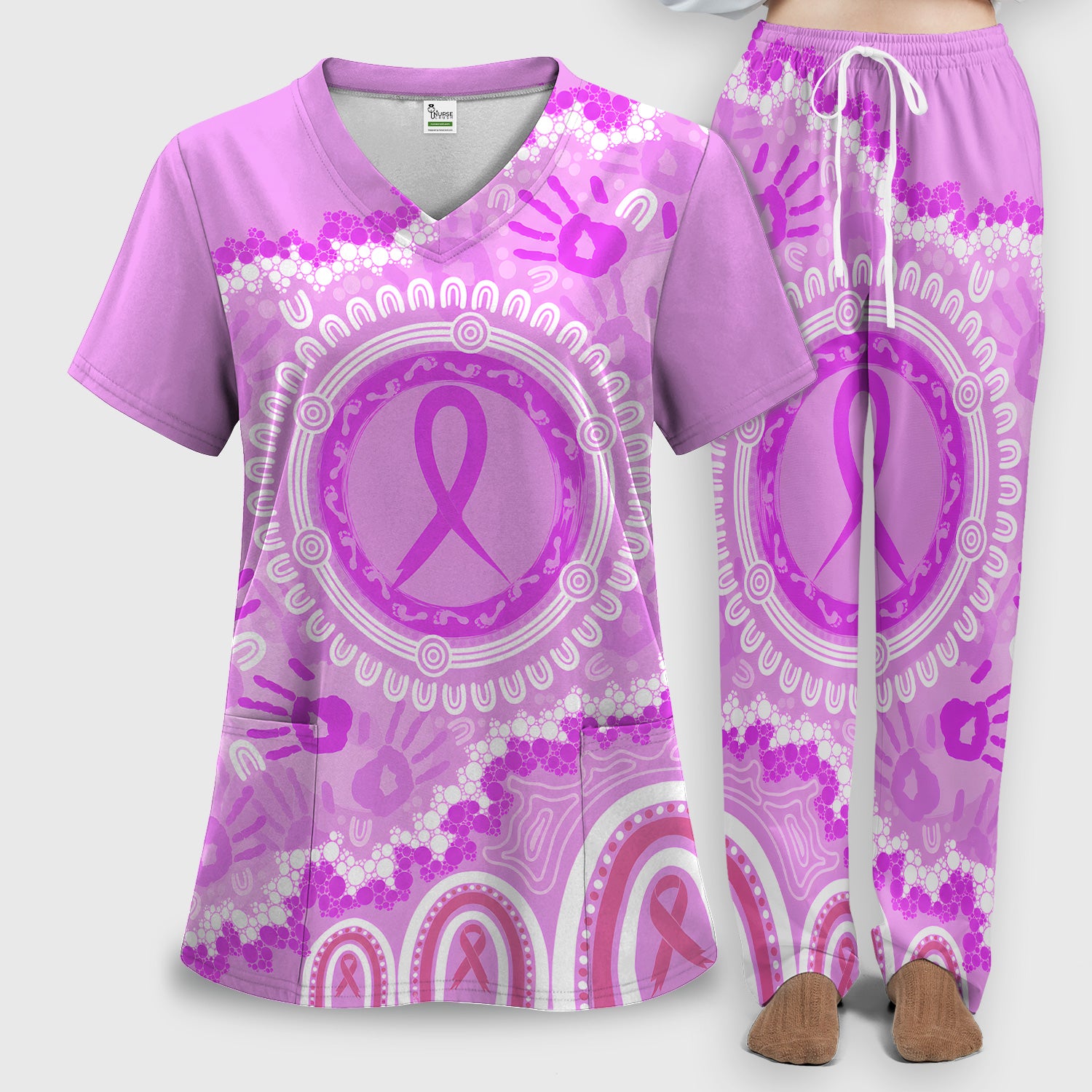 Meaningful Pink Ribbon Scrub Set, Scrub Pants and V Neck Top