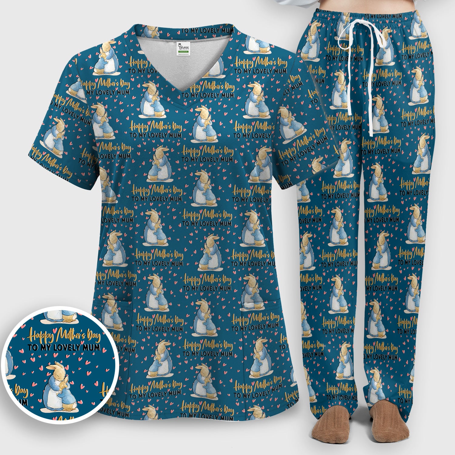 Happy Mothers Day Bunny Love Pattern Scrub Sets, Scrub Pants and V Neck Top