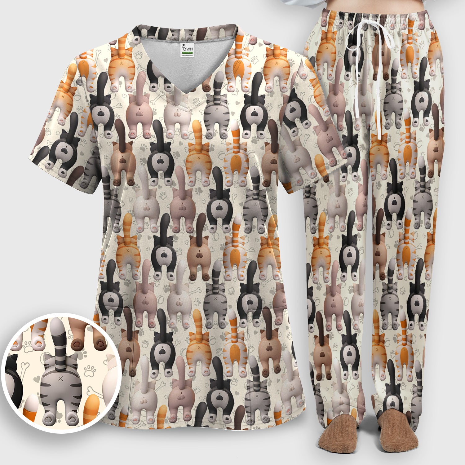 Funny Cat Butt Paw Print Pattern Scrub Set, Nurse Uniform Scrubs Set