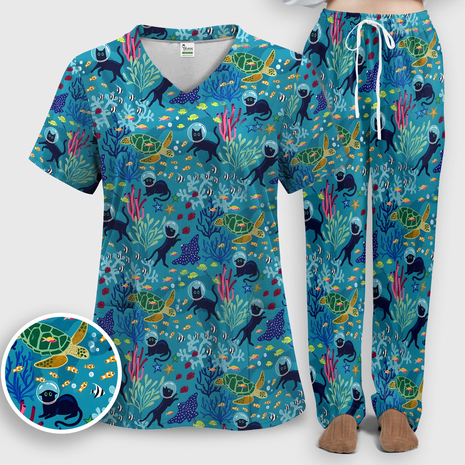 Underwater Cat Turtle Veterinary Pattern Scrub Set, Scrub Pants and V Neck Top
