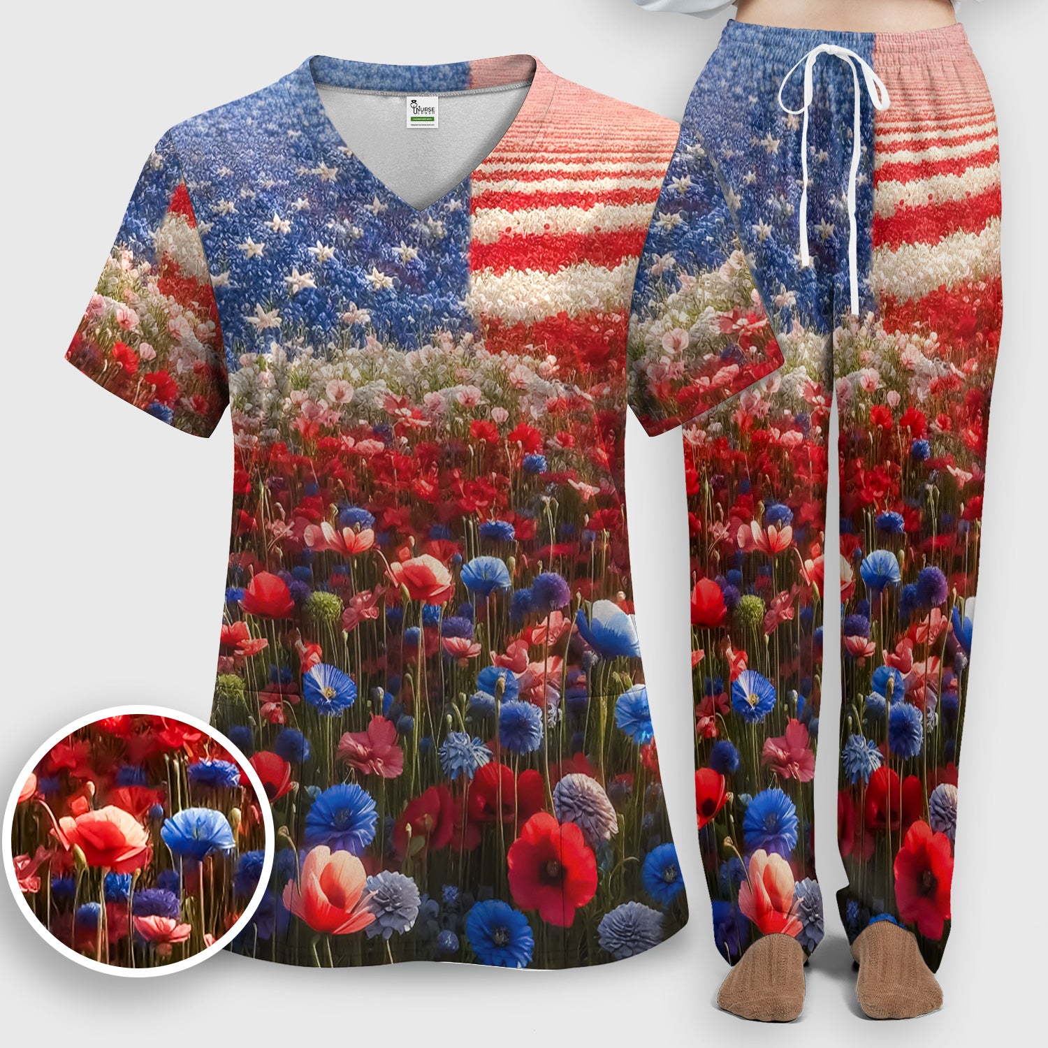 Festive Nurse American Flag Wildflower Field Scrub Set, Scrub Pants and V Neck Top