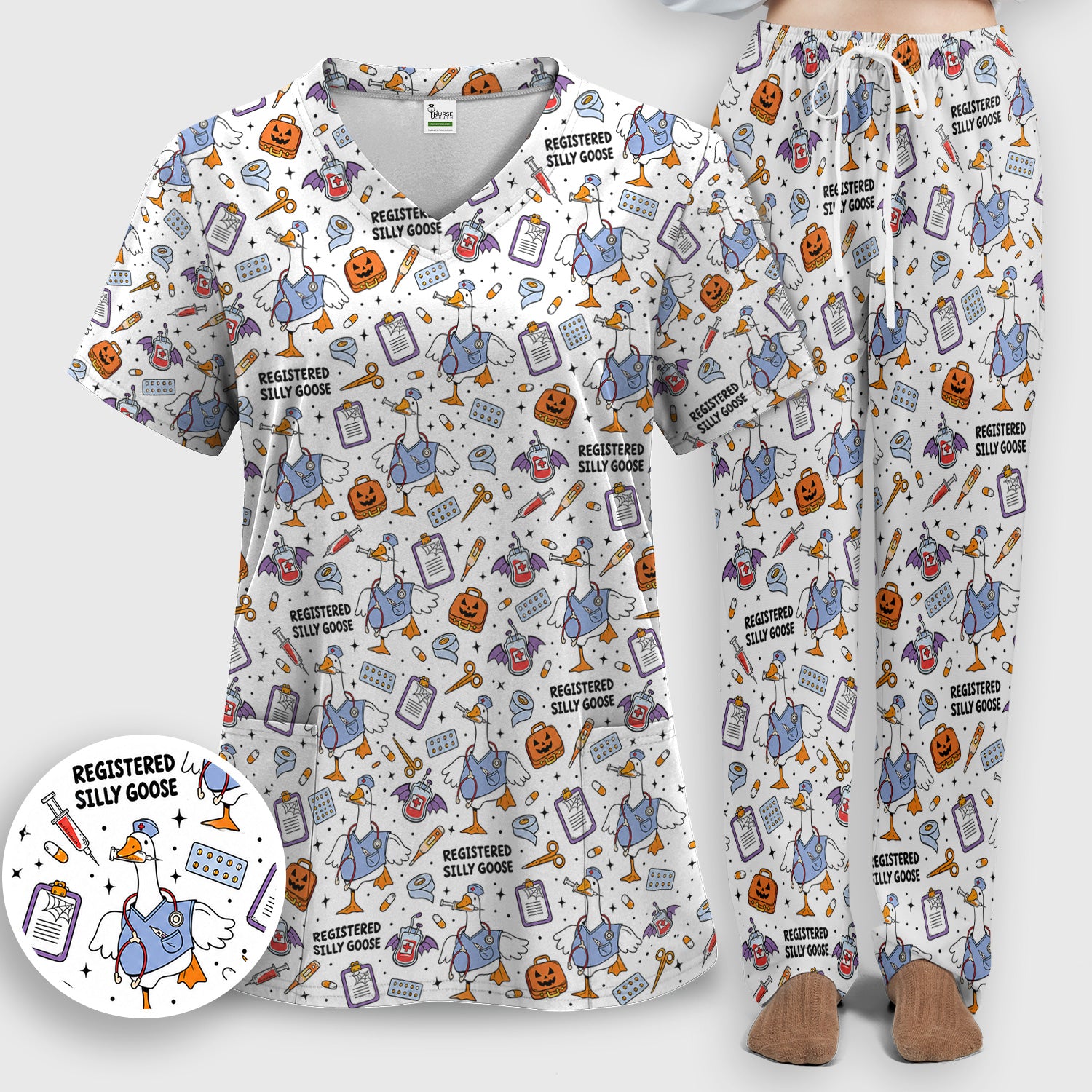 Funny Halloween Registered Silly Goose Scrub Set, Scrub Pants and V Neck Top