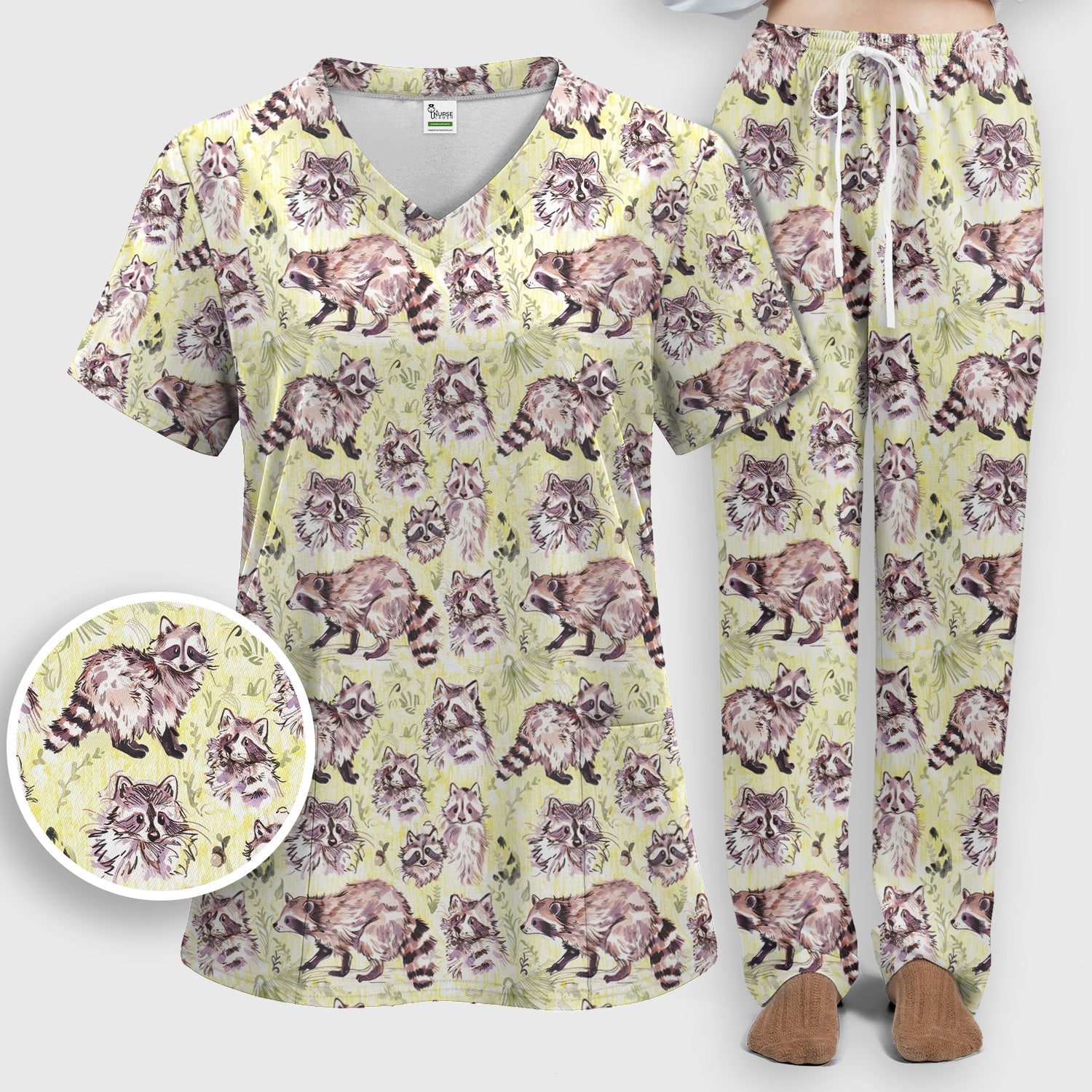 Cute Woodland Raccoon Forest Animal Pattern Scrub Set, Scrub Pants and V Neck Top