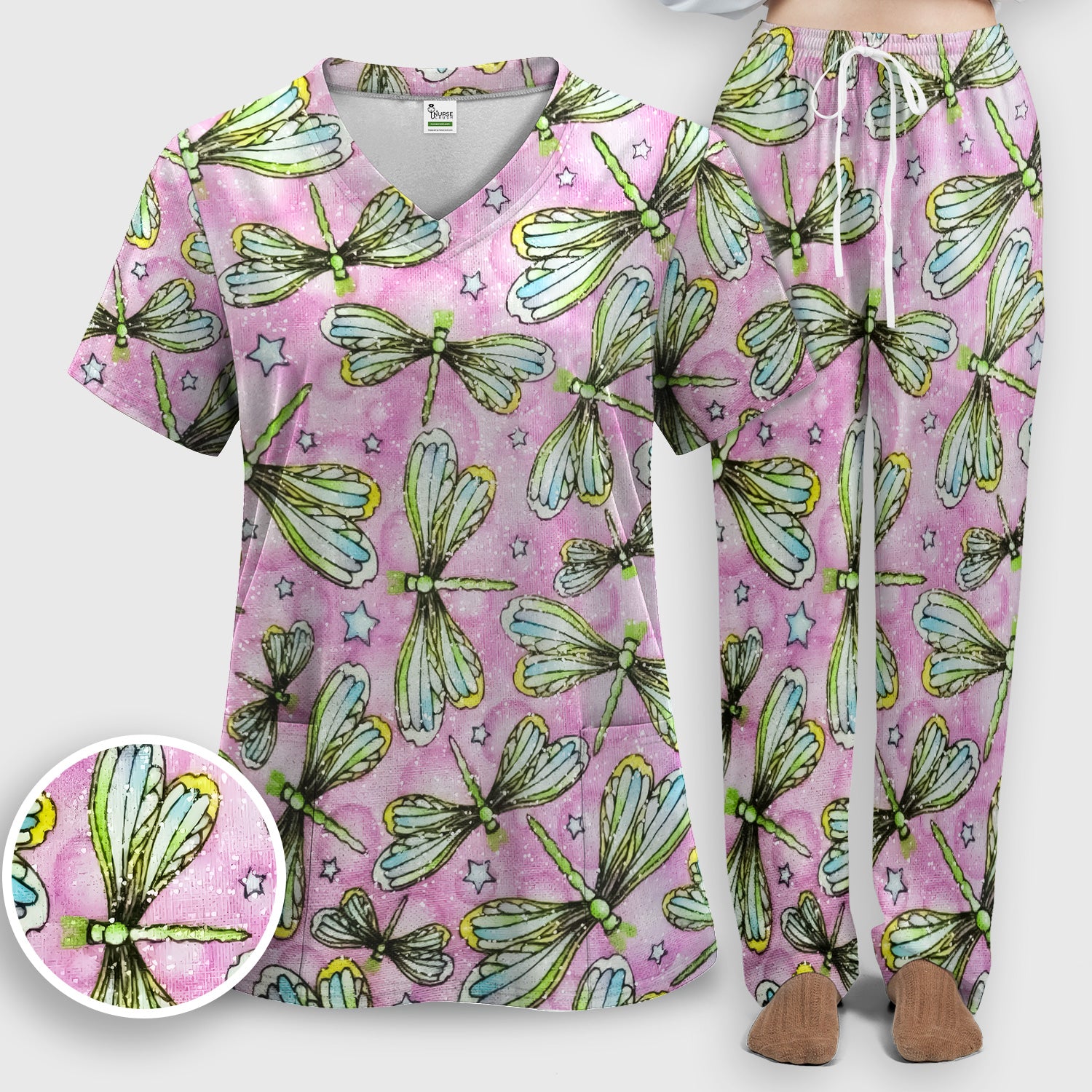 Dragonfly On Pink Starry Background Scrub Set, Scrub Pants and V Neck Top