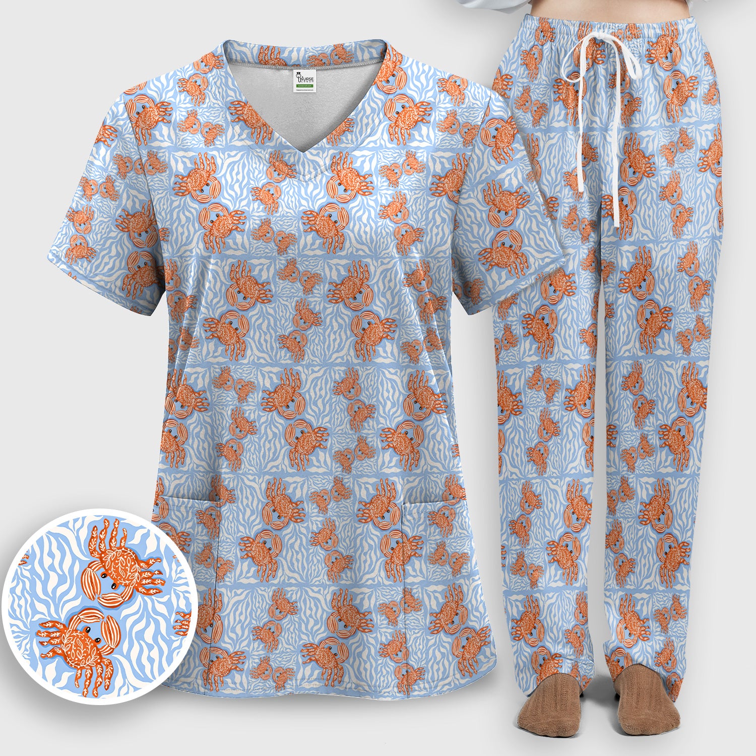 Cute Coastal Crab Print Scrub Set, Women's Scrub Sets