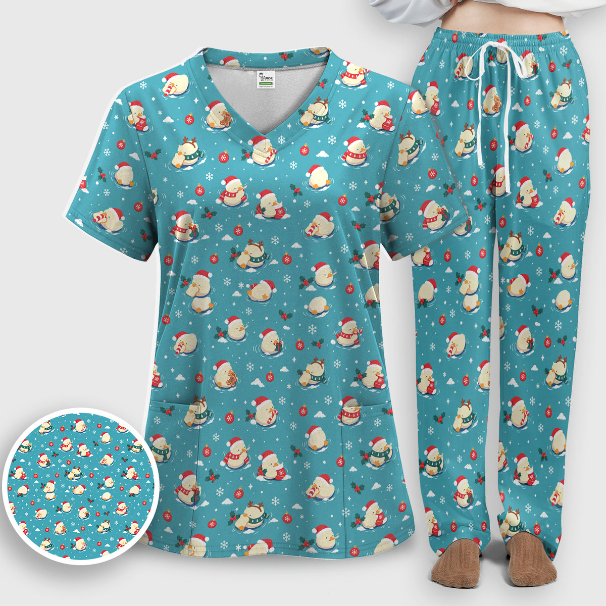 Christmas Ducks In Santa Hats Scrub Set, Scrub Pants and V Neck Top