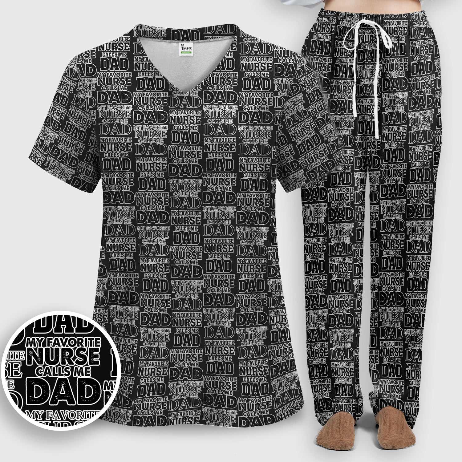 Favorite Nurse Calls Dad Pattern Scrub Set, Scrub Pants and V Neck Top