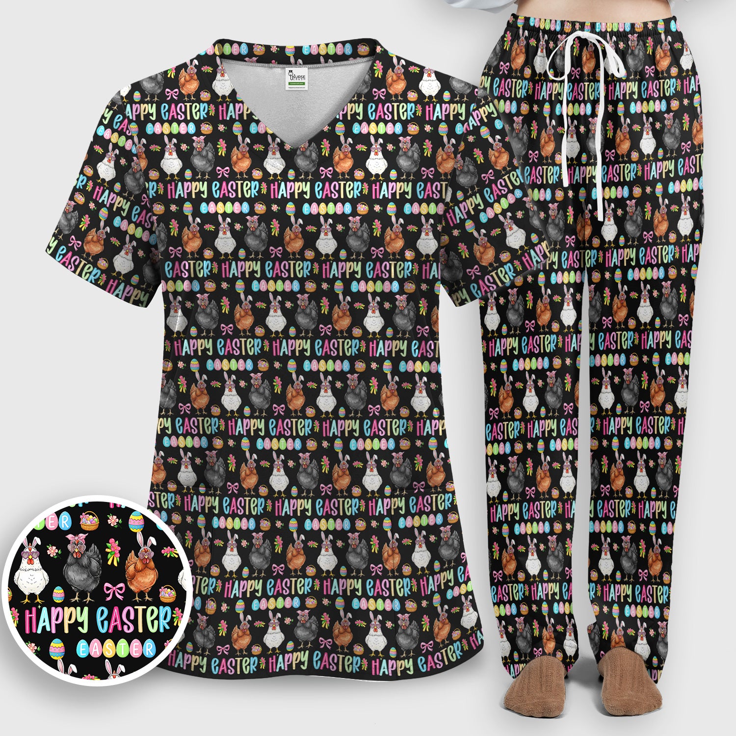 Happy Easter Bunny Eggs Pattern Scrub Sets, Scrub Pants and V Neck Top