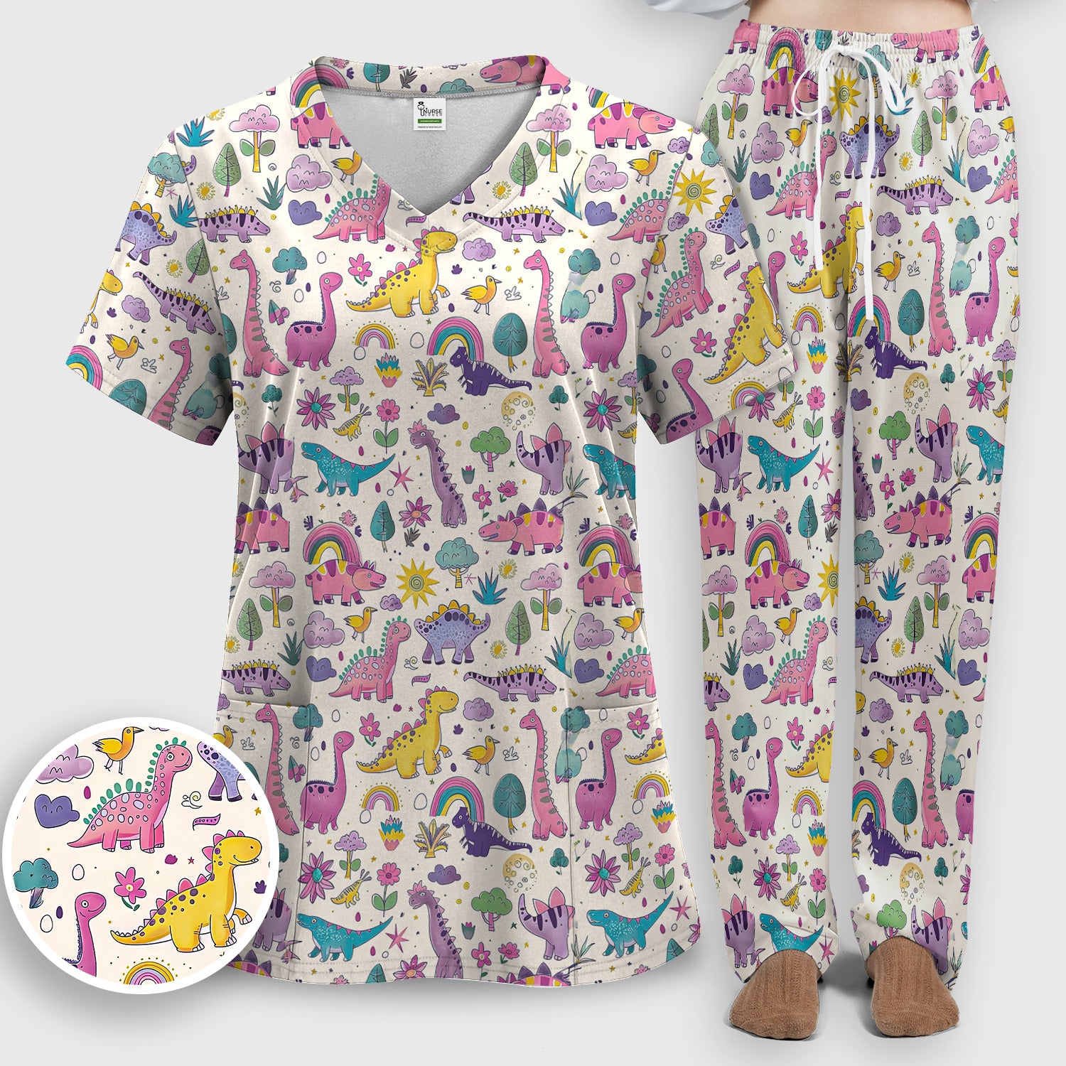 Cute Dinosaur Rainbow Pattern Scrub Set, Scrub Pants and V Neck Top