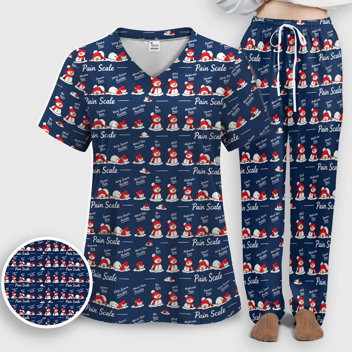 Funny Christmas Snowman Pain Scale Scrub Set, Scrub Pants and V Neck Top