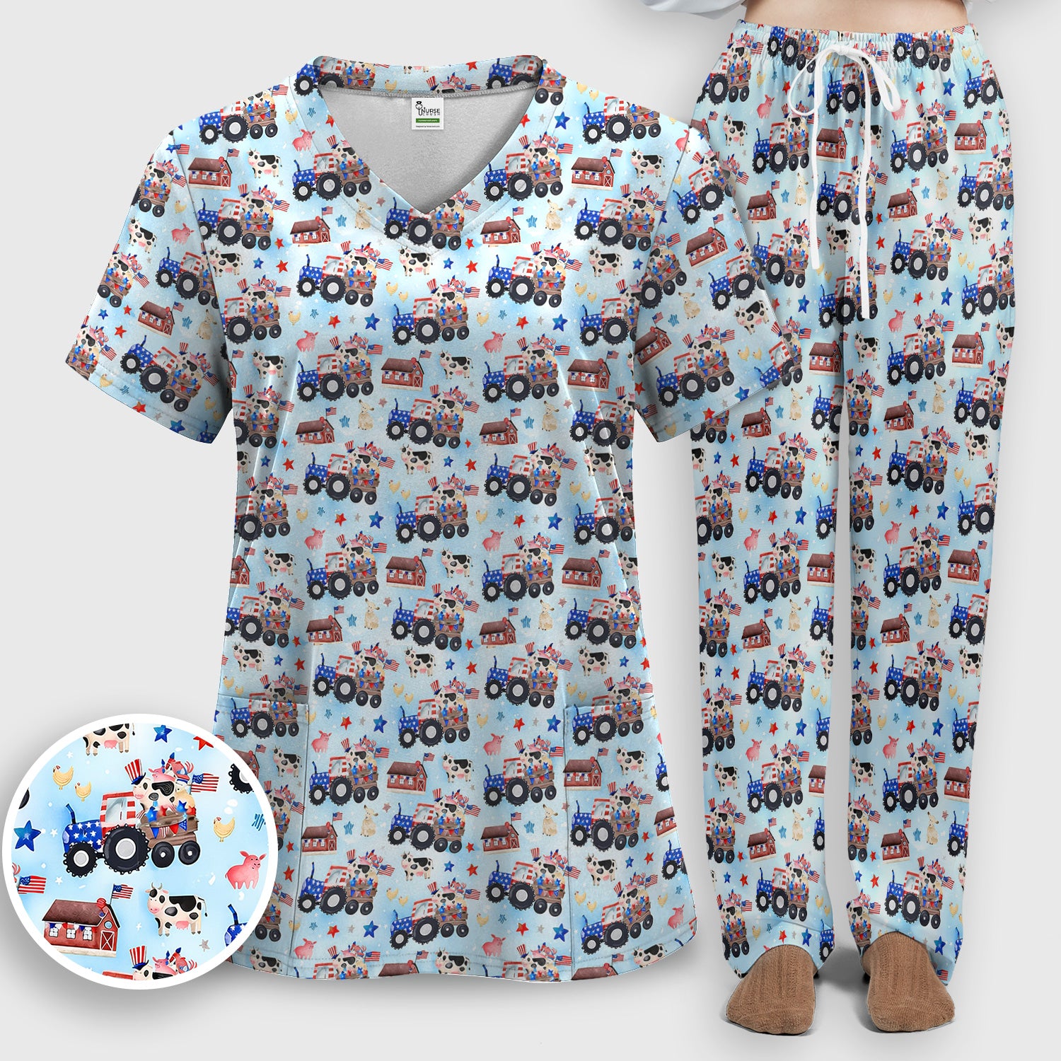 Patriotic Cow Tractor Farm Stars Pattern Scrub Set, Scrub Pants and V Neck Top