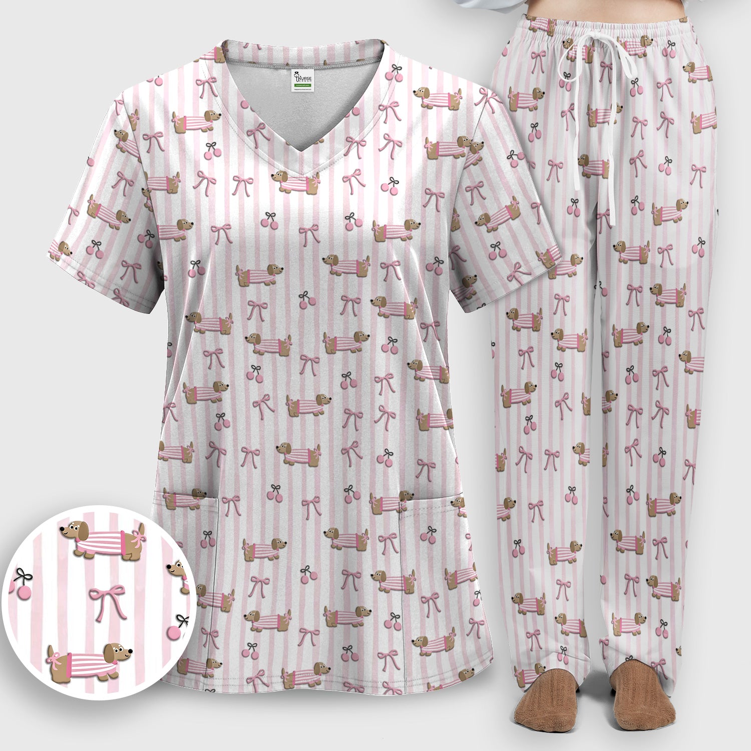 Cute Dachshund Pink Stripe Pattern Scrub Set, Women's Scrub Sets