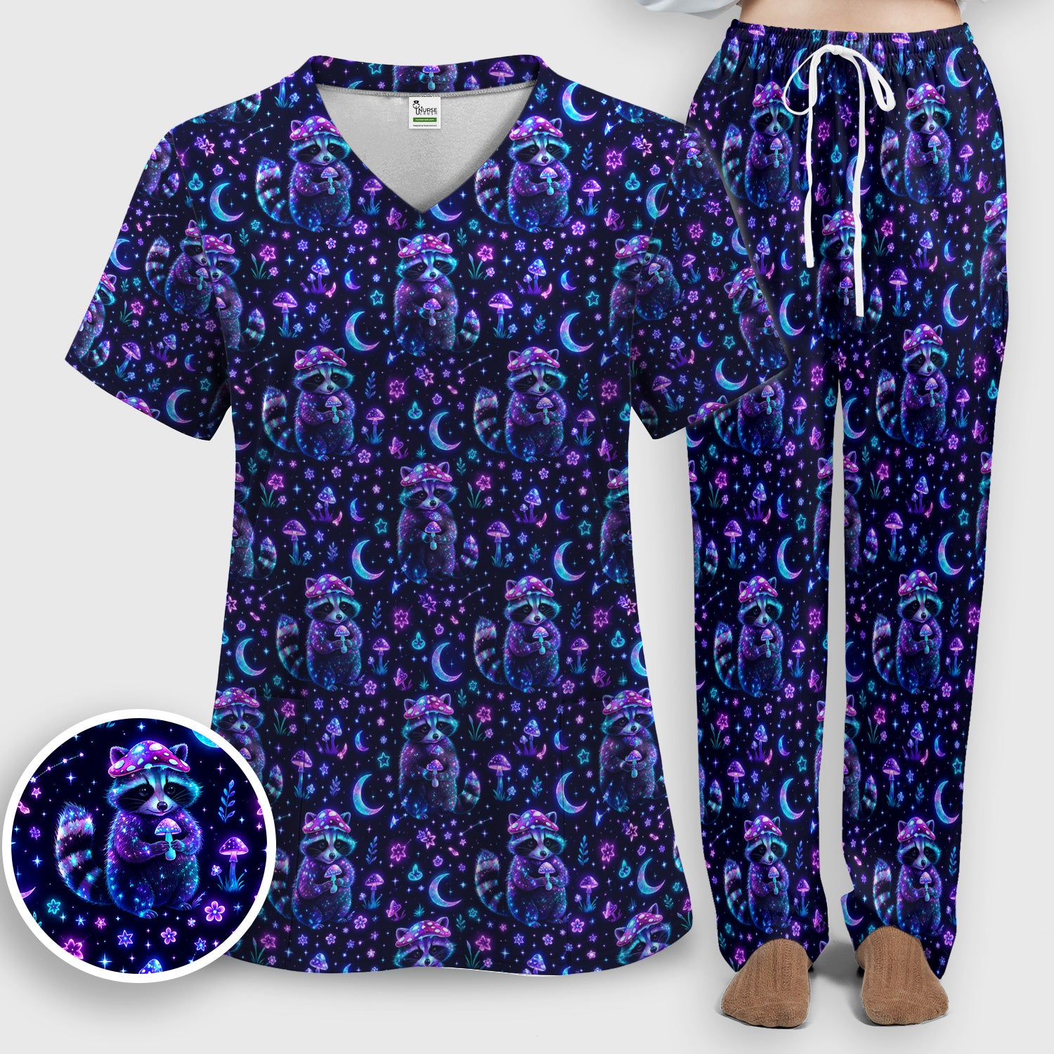 Neon Mushroom Raccoon Moonlight Pattern Scrub Set, Scrub Pants and V Neck Top