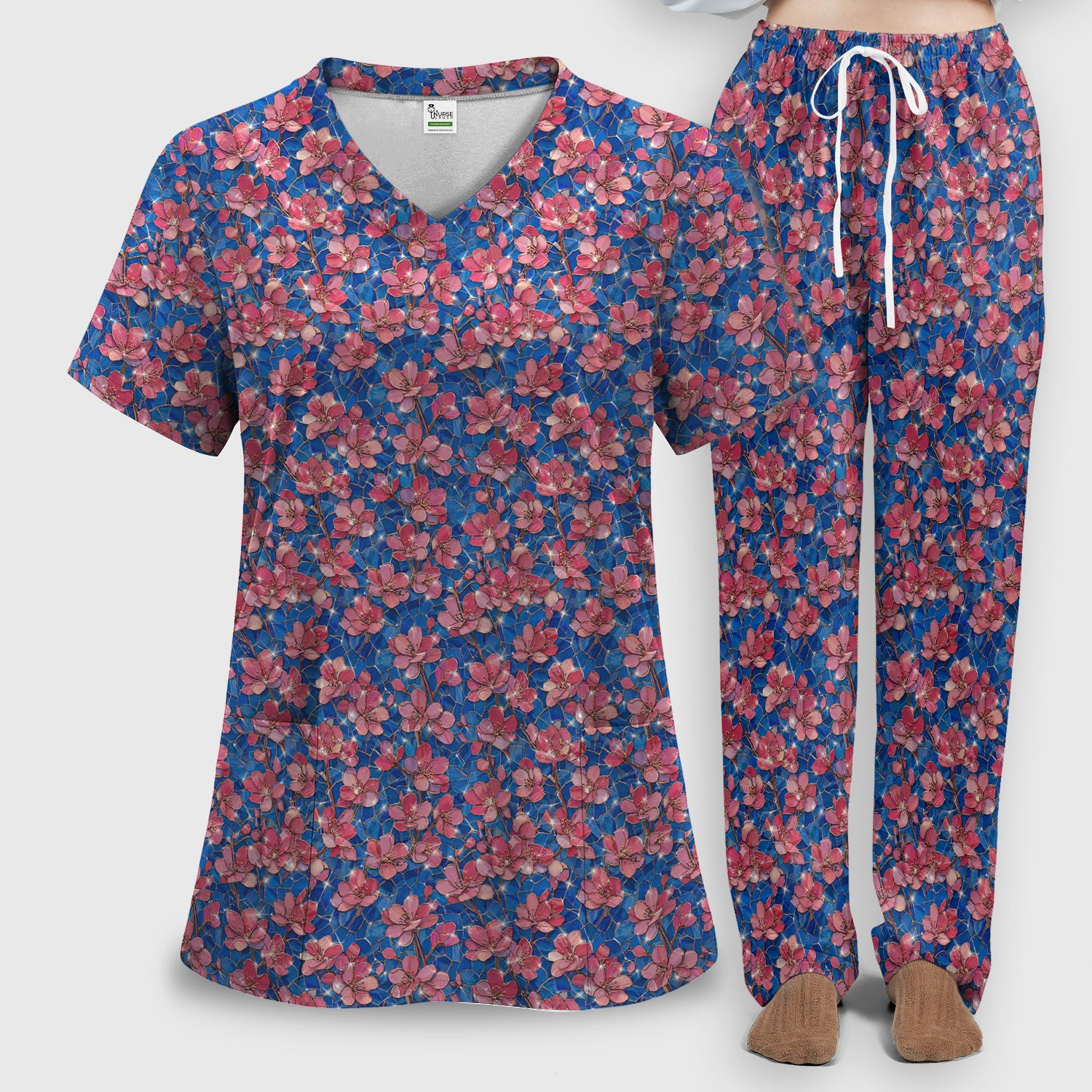 Pink Cherry Blossom Floral Pattern Scrub Set, Breathable Med Uniform