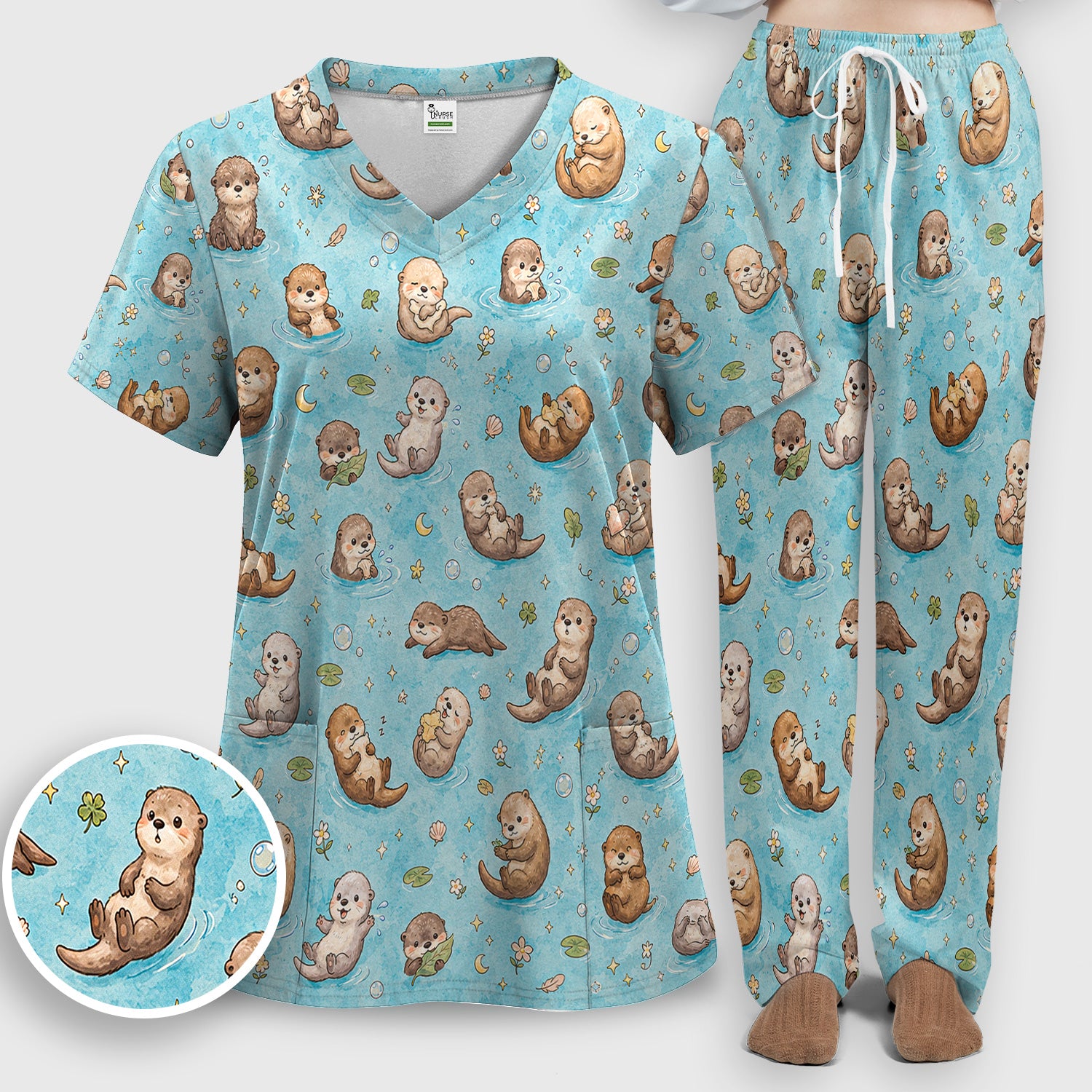 Cute Otter Pond Nurse Print Scrub Set, Scrub Pants and V Neck Top
