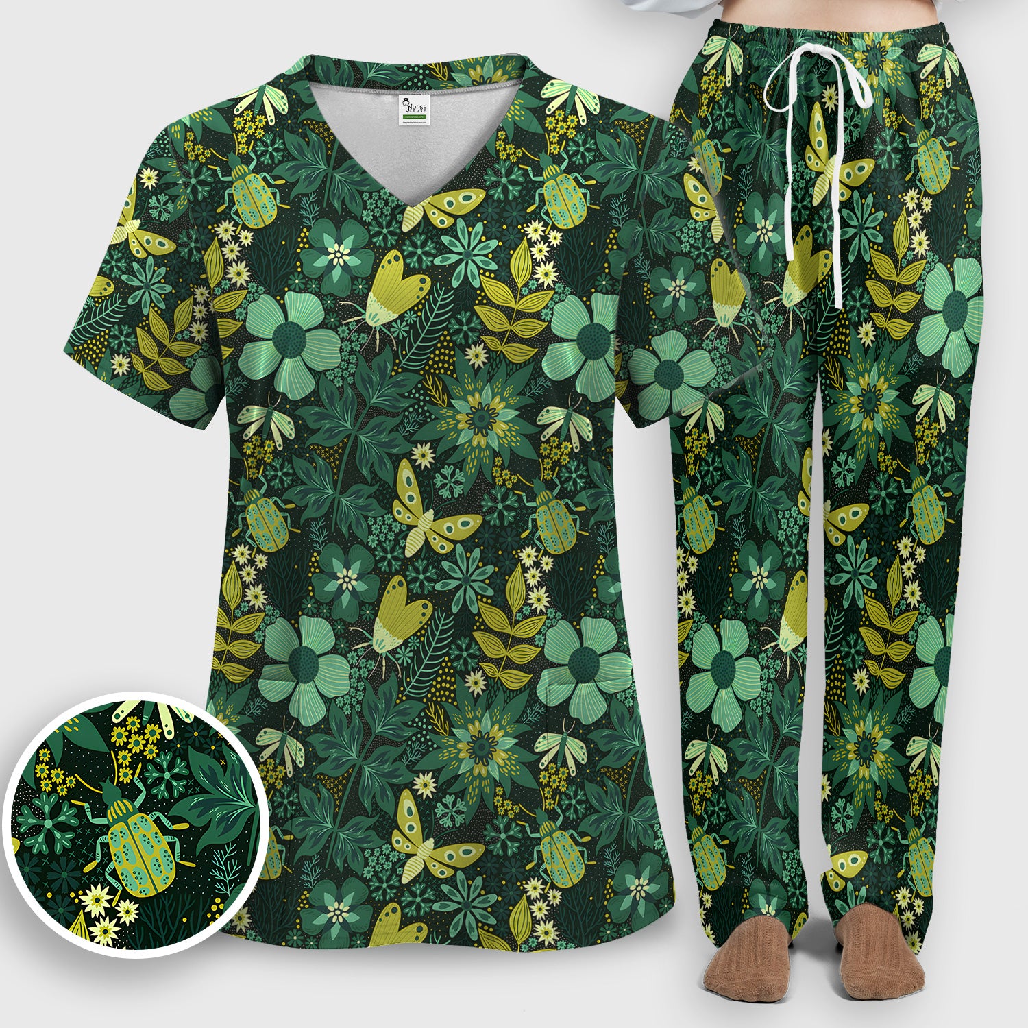 Green Botanical Butterfly Pattern Scrub Set, Scrub Pants and V Neck Top