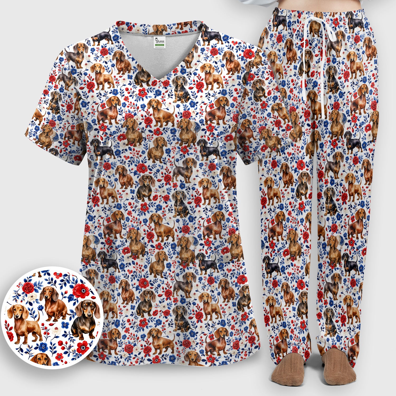 Floral Dachshund Nurse Pattern Scrub Set, Scrub Pants and V Neck Top